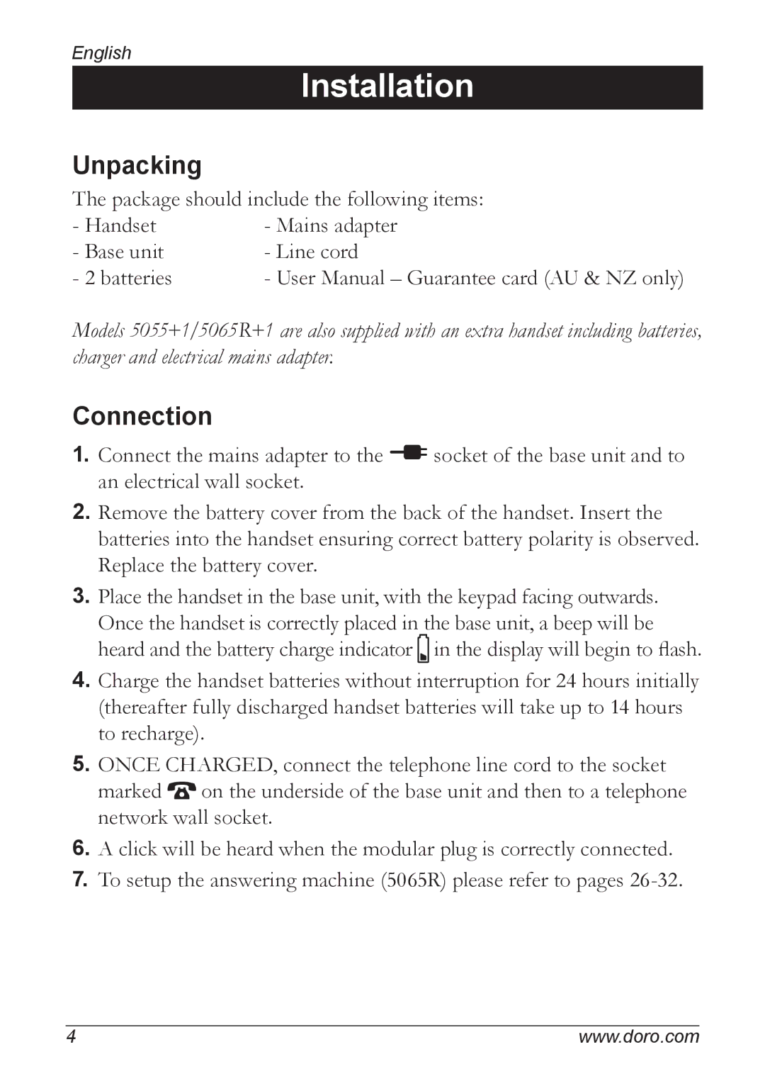 Doro 5055 manual Installation, Unpacking, Connection 