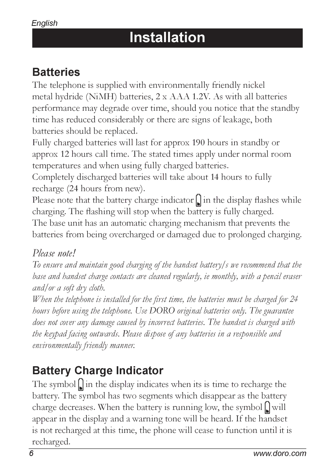 Doro 5055 manual Batteries, Battery Charge Indicator 