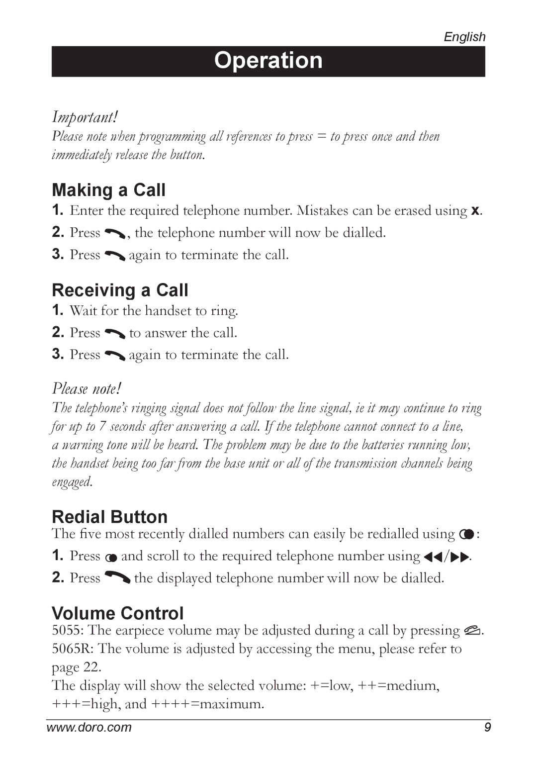 Doro 5055 manual Operation, Making a Call, Receiving a Call, Redial Button, Volume Control 