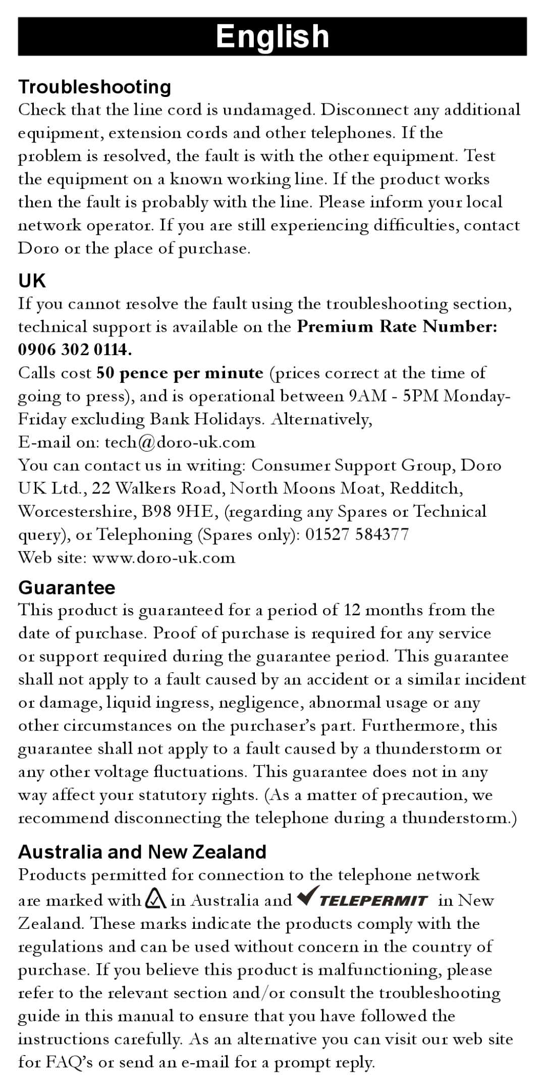 Doro 509C manual Troubleshooting, Guarantee, Australia and New Zealand 