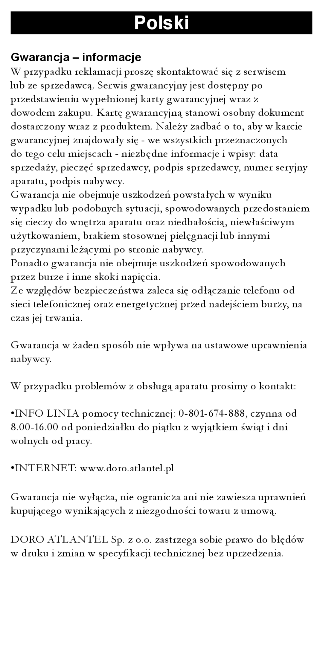 Doro 509C manual Gwarancja informacje 