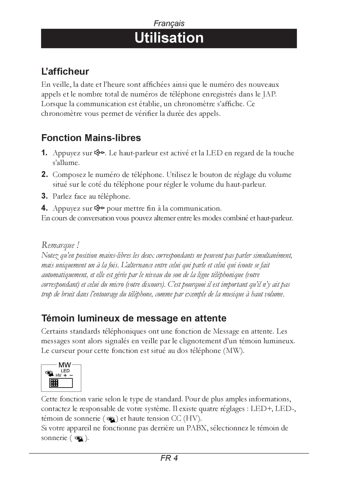 Doro 515C manual ’afficheur, Fonction Mains-libres, Témoin lumineux de message en attente 