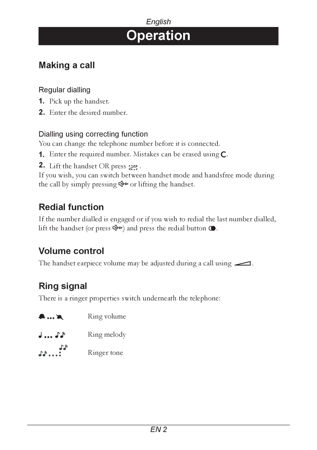 Doro 515C manual Operation, Making a call, Redial function, Volume control, Ring signal 