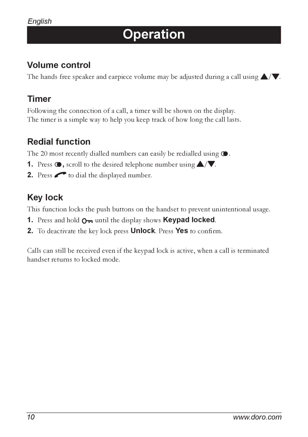 Doro 740 manual Volume control, Timer, Redial function, Key lock 