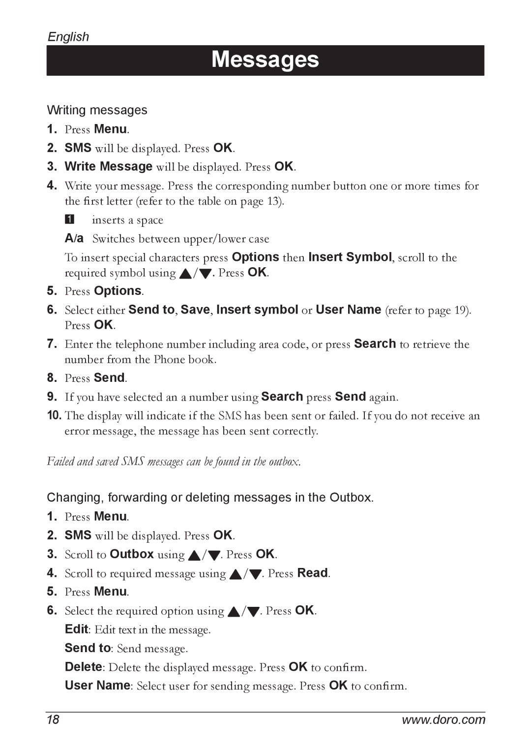 Doro 740 manual Failed and saved SMS messages can be found in the outbox 