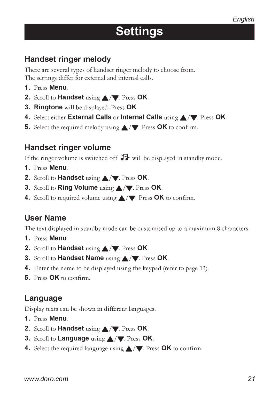 Doro 740 manual Settings, Handset ringer melody, Handset ringer volume, User Name, Language 