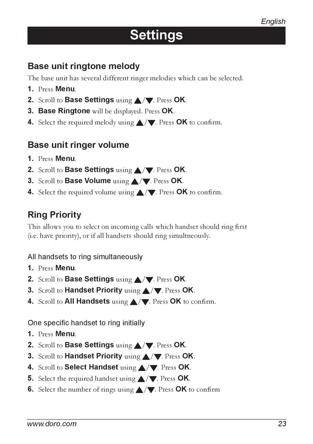 Doro 740 manual Base unit ringtone melody, Base unit ringer volume, Ring Priority 