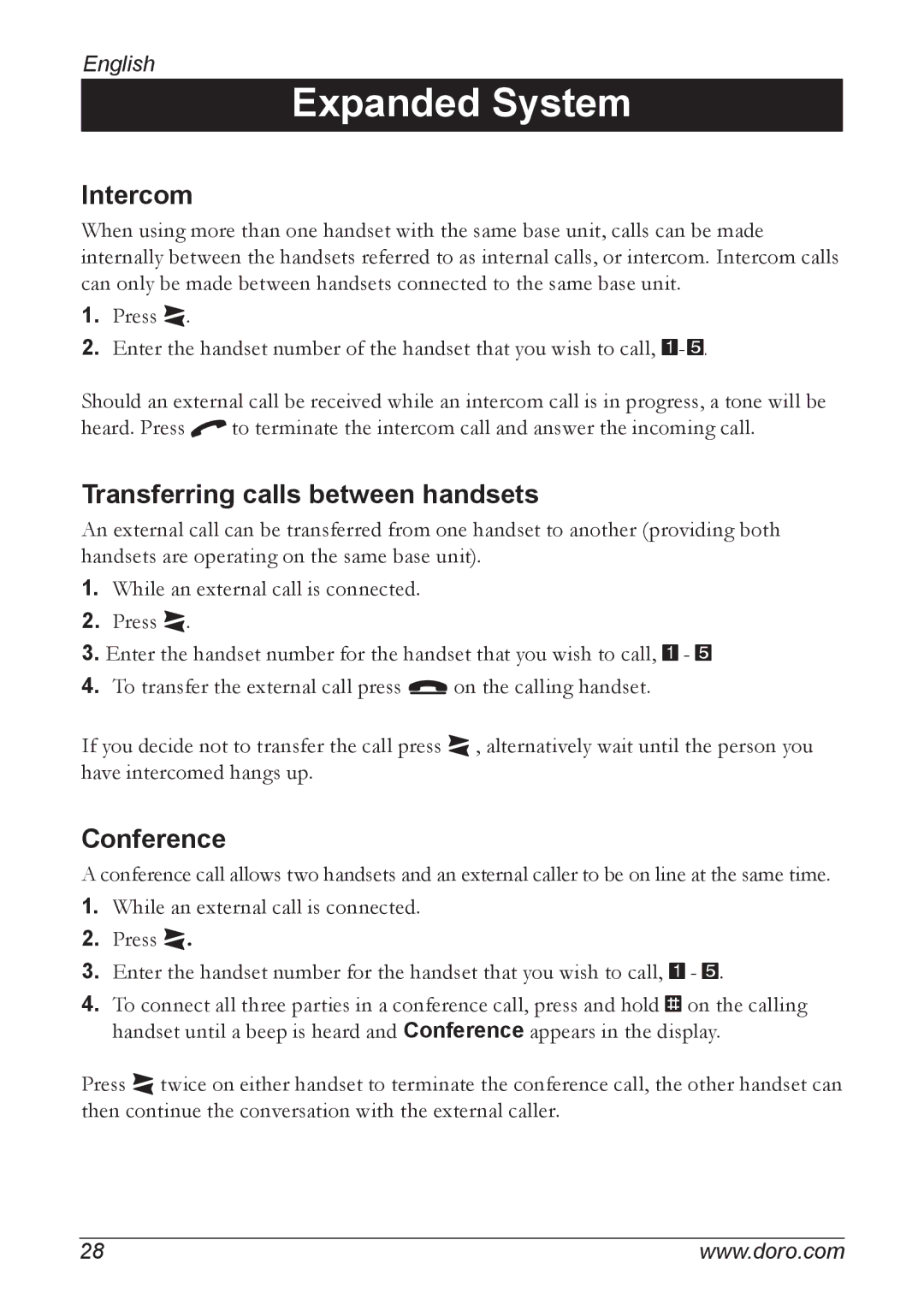 Doro 740 manual Intercom, Transferring calls between handsets, Conference 