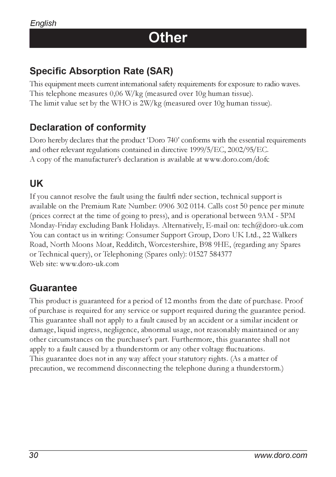 Doro 740 manual Specific Absorption Rate SAR, Declaration of conformity, Guarantee 