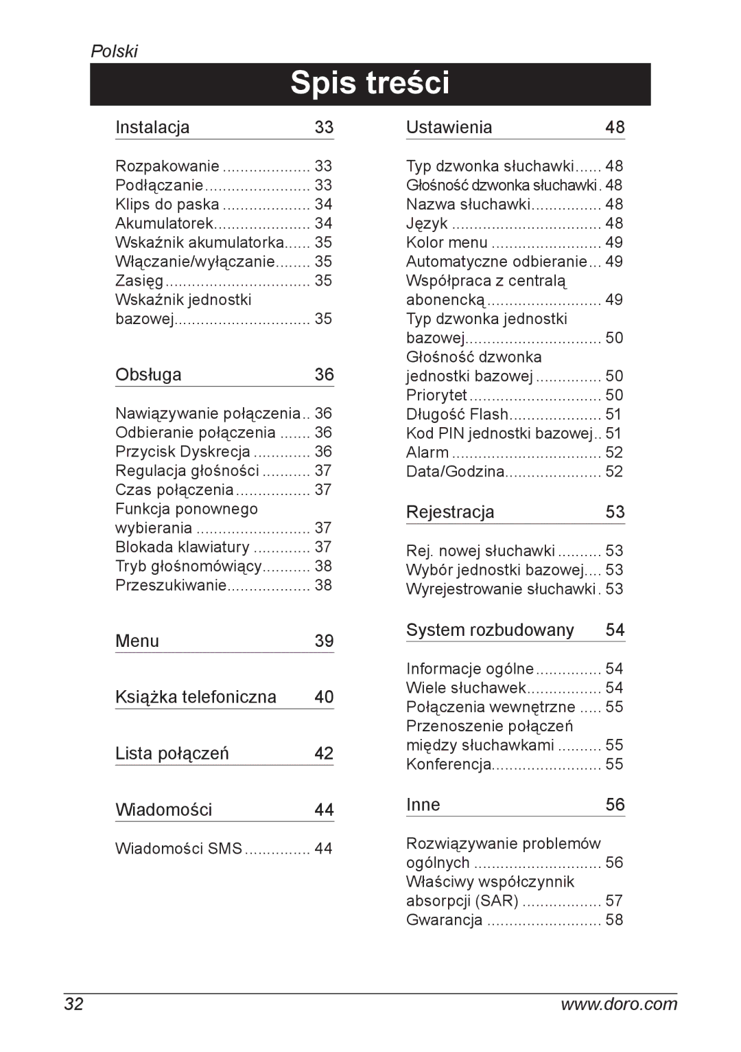 Doro 740 manual Spis treści, Instalacja 