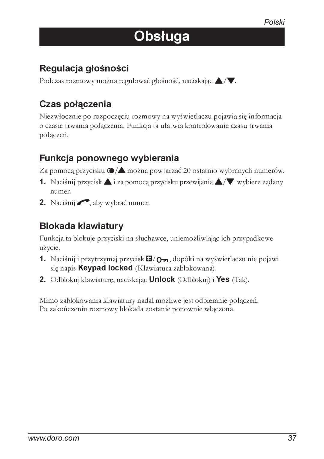 Doro 740 manual Regulacja głośności, Czas połączenia, Funkcja ponownego wybierania, Blokada klawiatury 