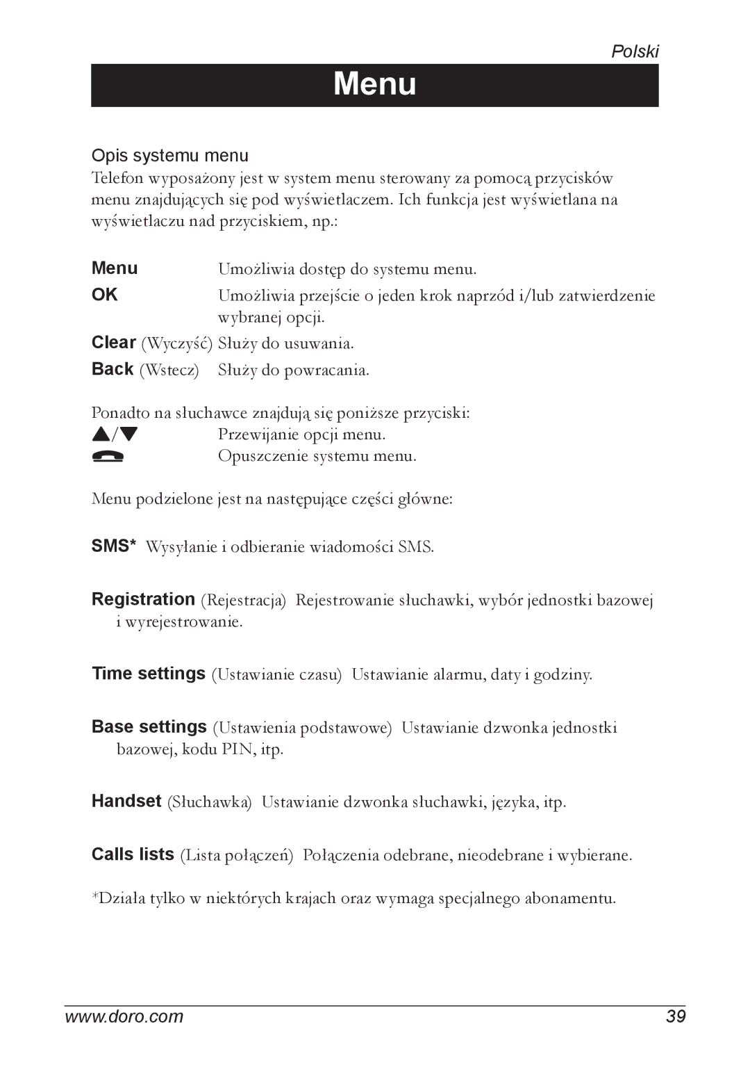 Doro 740 manual Menu 