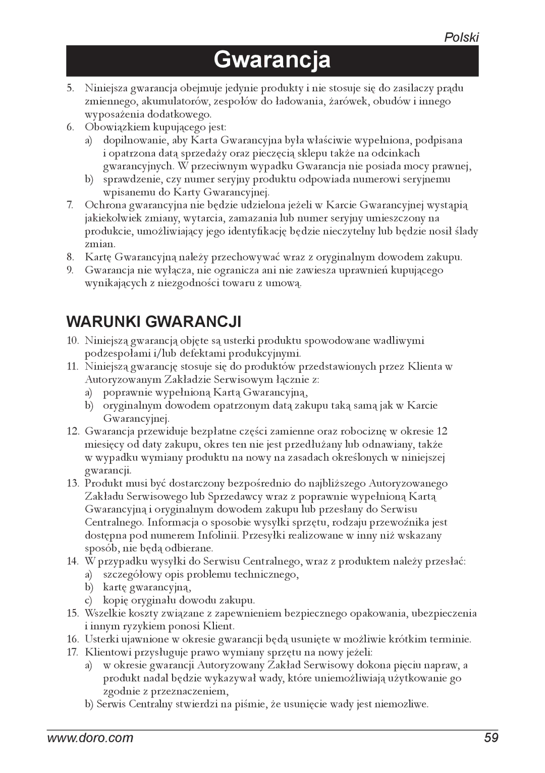 Doro 740 manual Warunki Gwarancji 