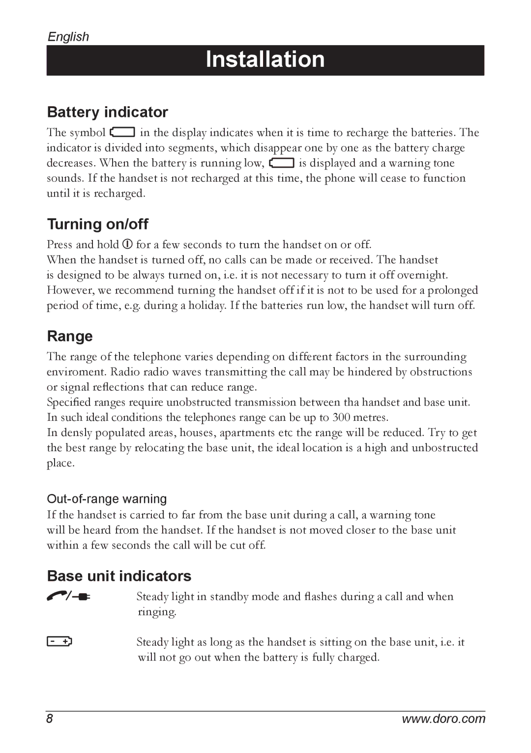 Doro 740 manual Battery indicator, Turning on/off, Range, Base unit indicators 