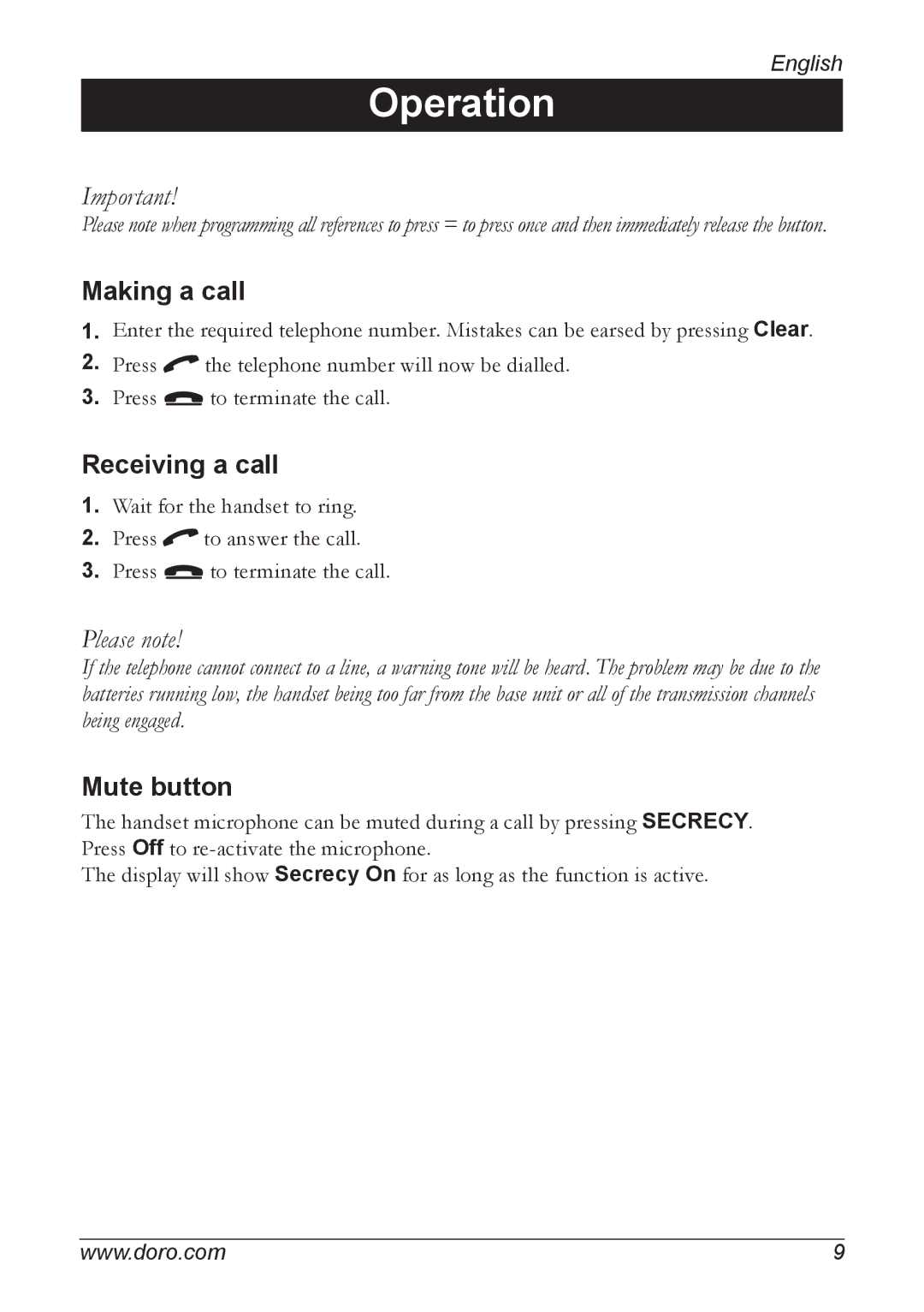 Doro 740 manual Operation, Making a call, Receiving a call, Mute button 