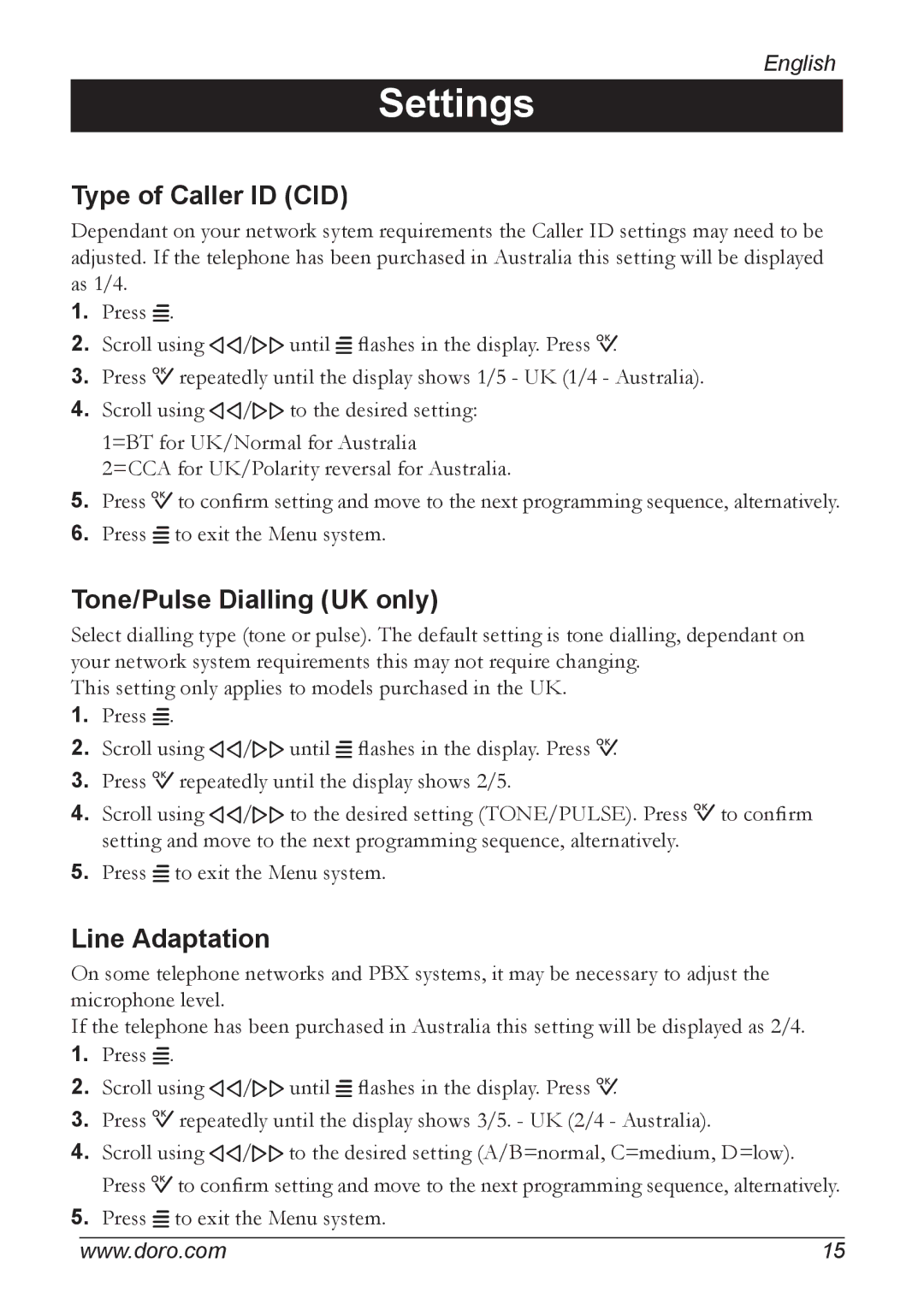 Doro 830R, 820 manual Type of Caller ID CID, Tone/Pulse Dialling UK only, Line Adaptation 