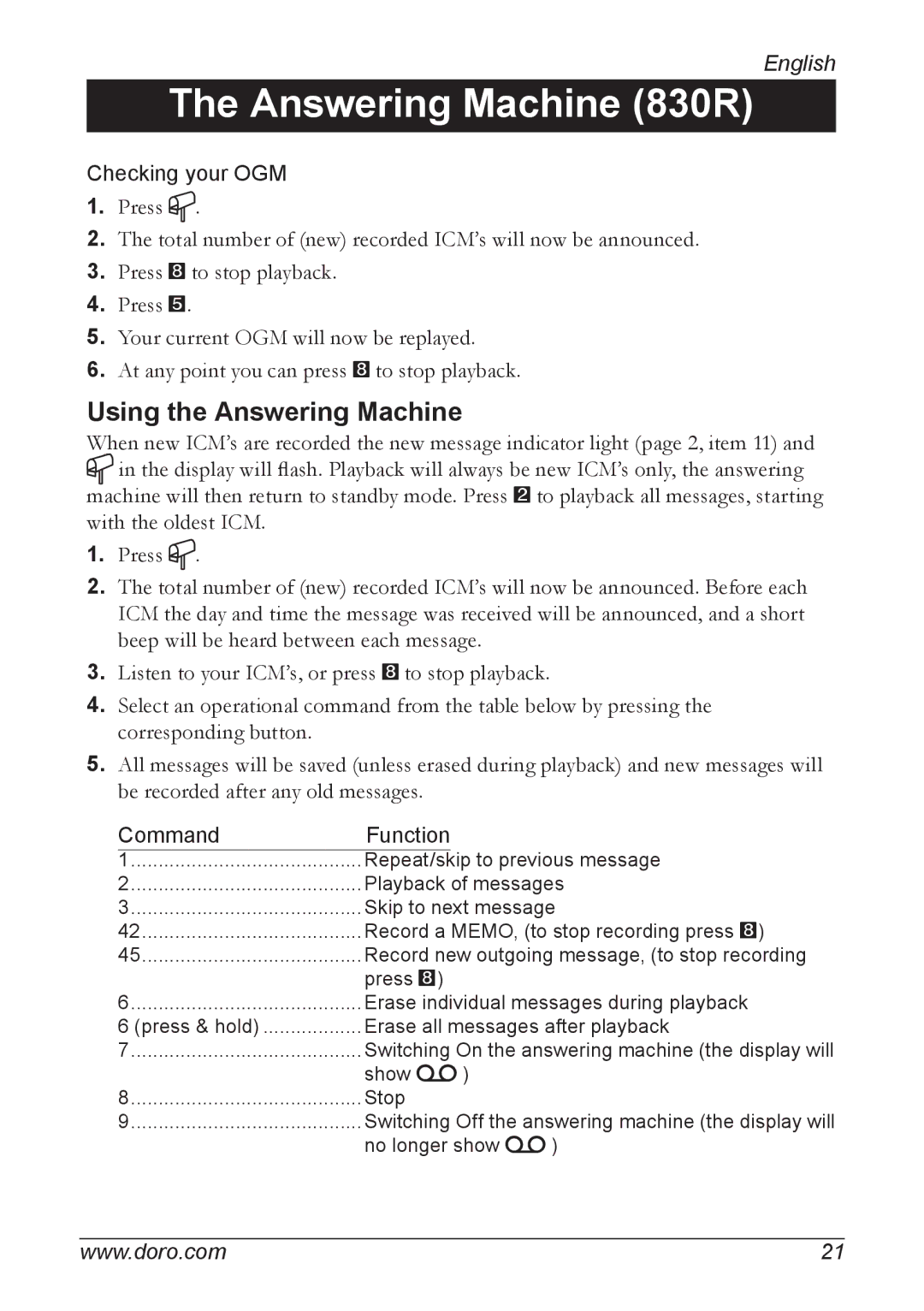 Doro 830R, 820 manual Using the Answering Machine, Command Function 
