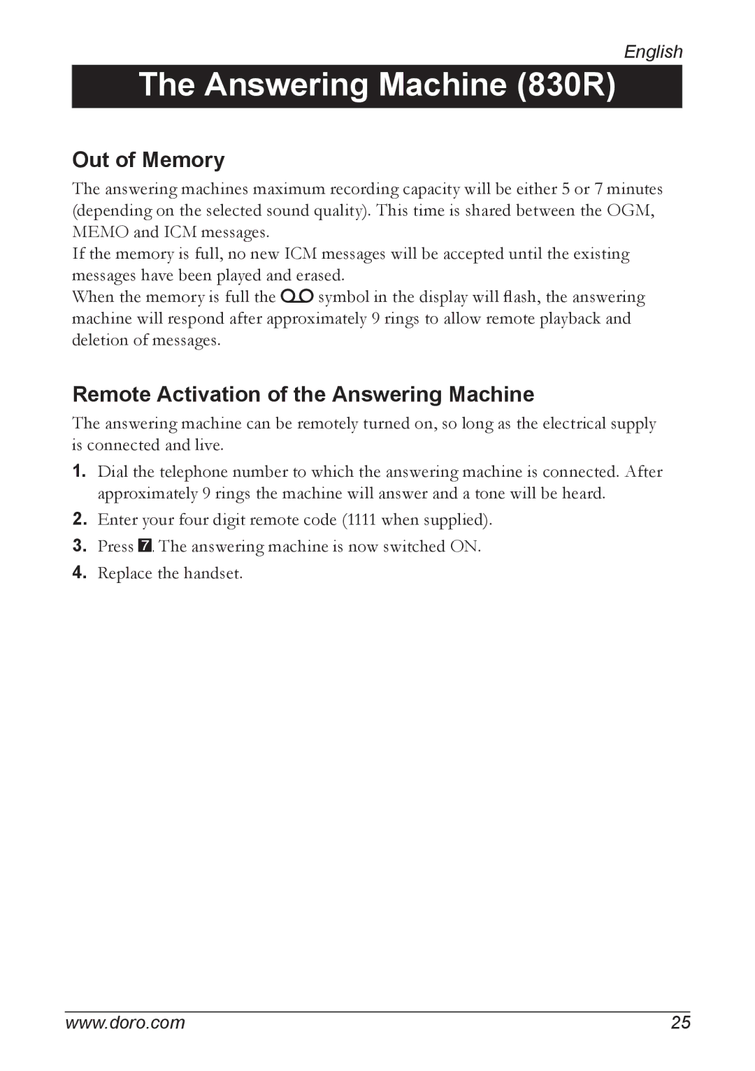 Doro 830R, 820 manual Out of Memory, Remote Activation of the Answering Machine 