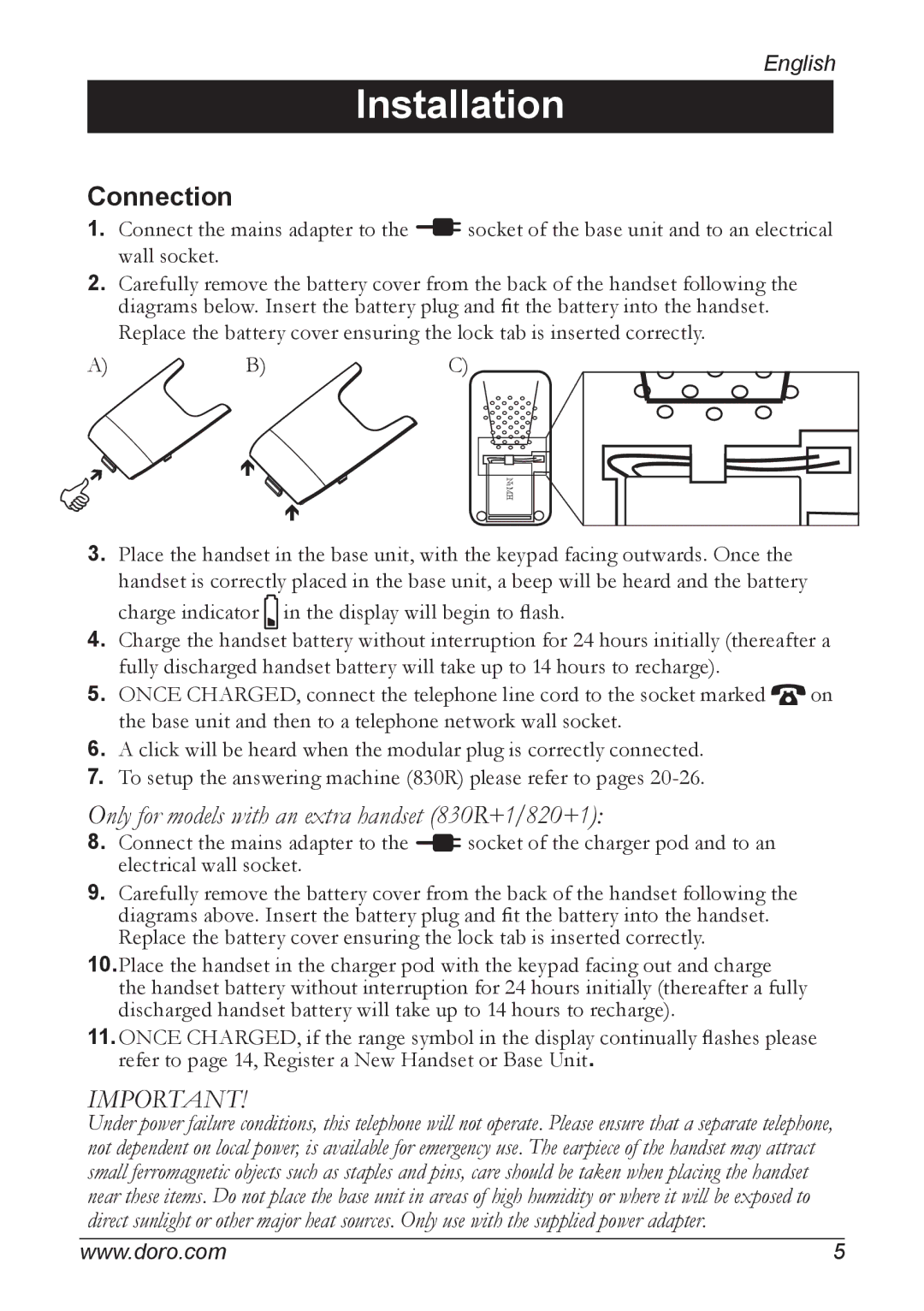 Doro manual Connection, Only for models with an extra handset 830R+1/820+1 