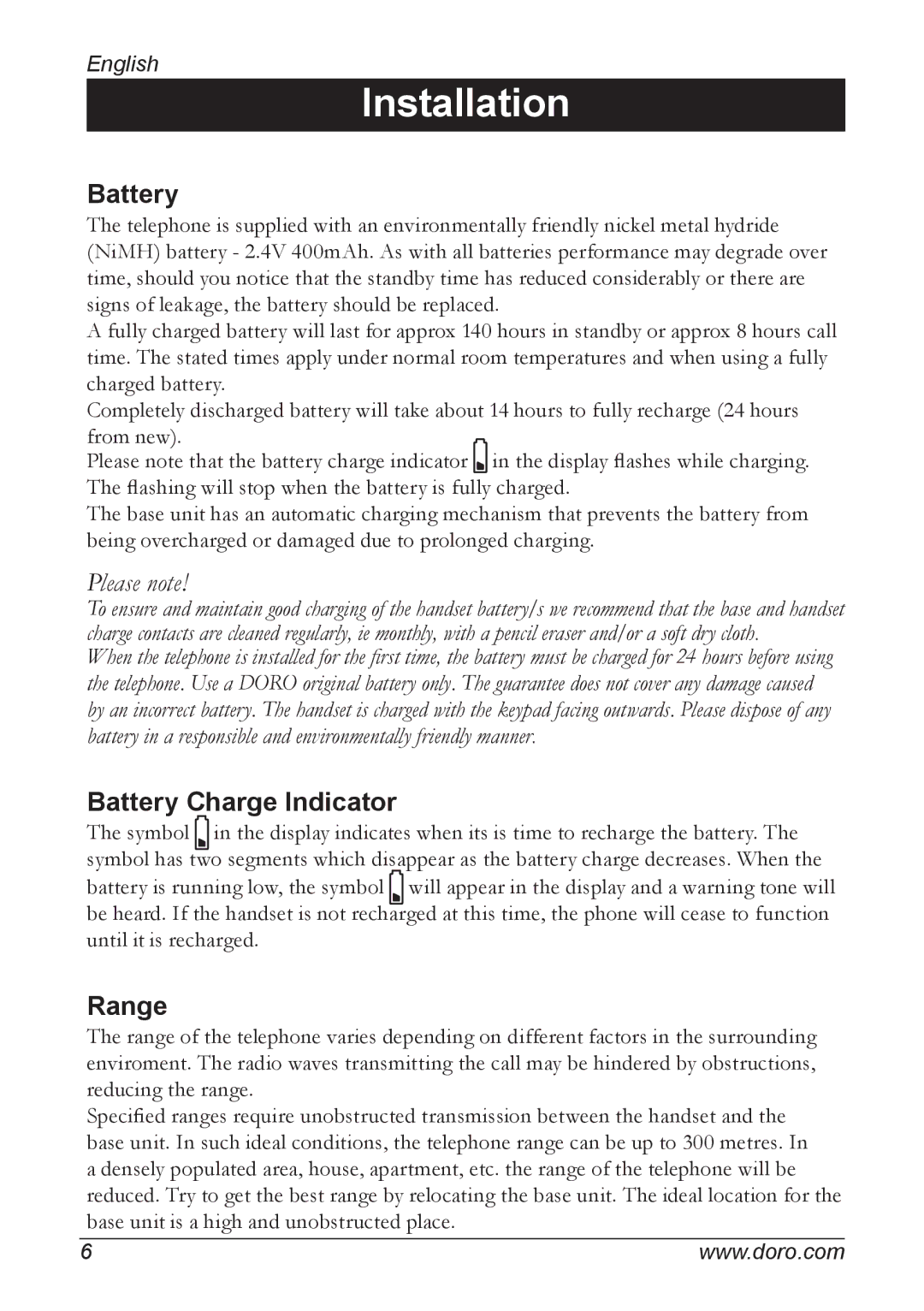 Doro 820, 830R manual Battery Charge Indicator, Range 