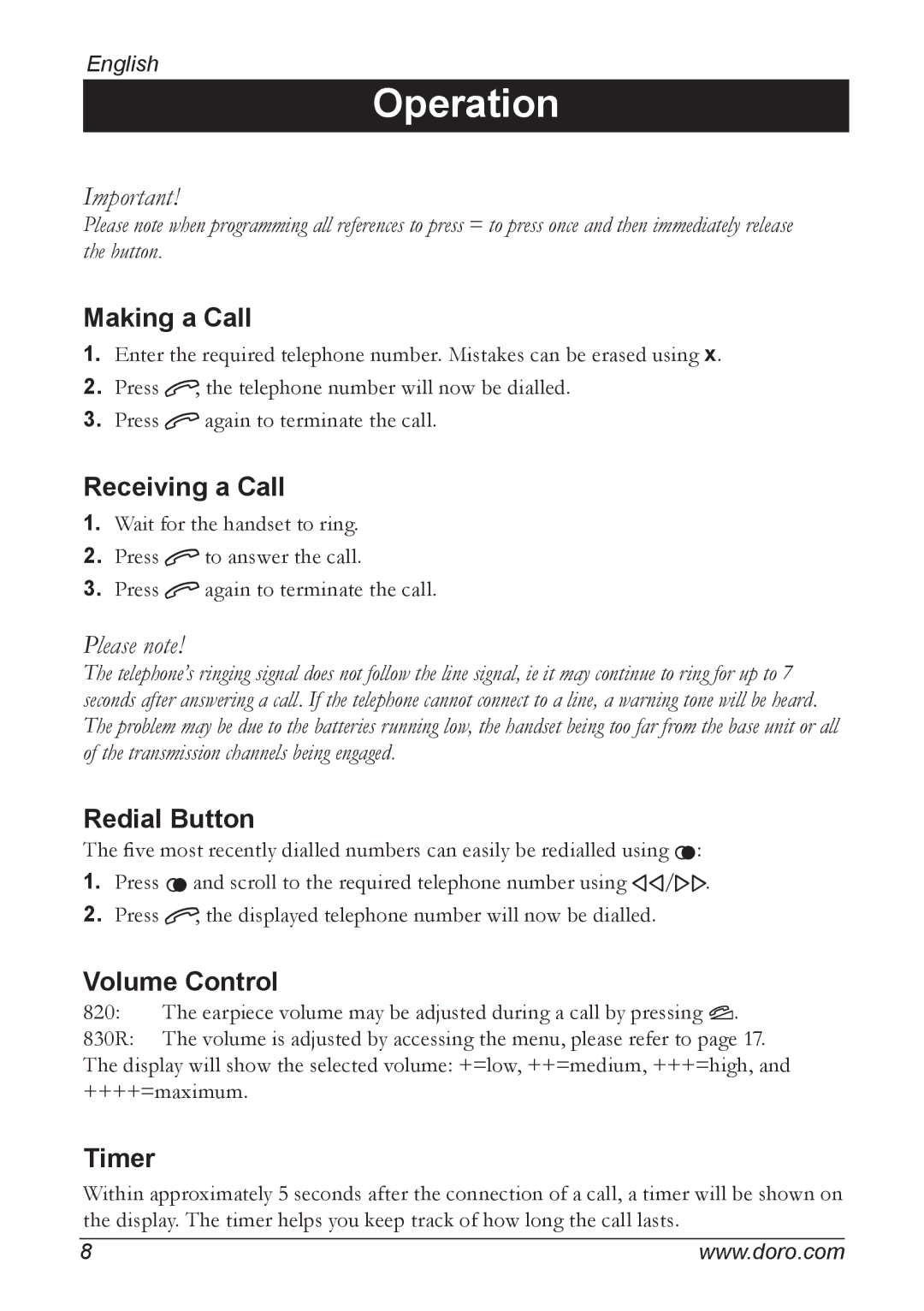 Doro 820, 830R manual Operation 