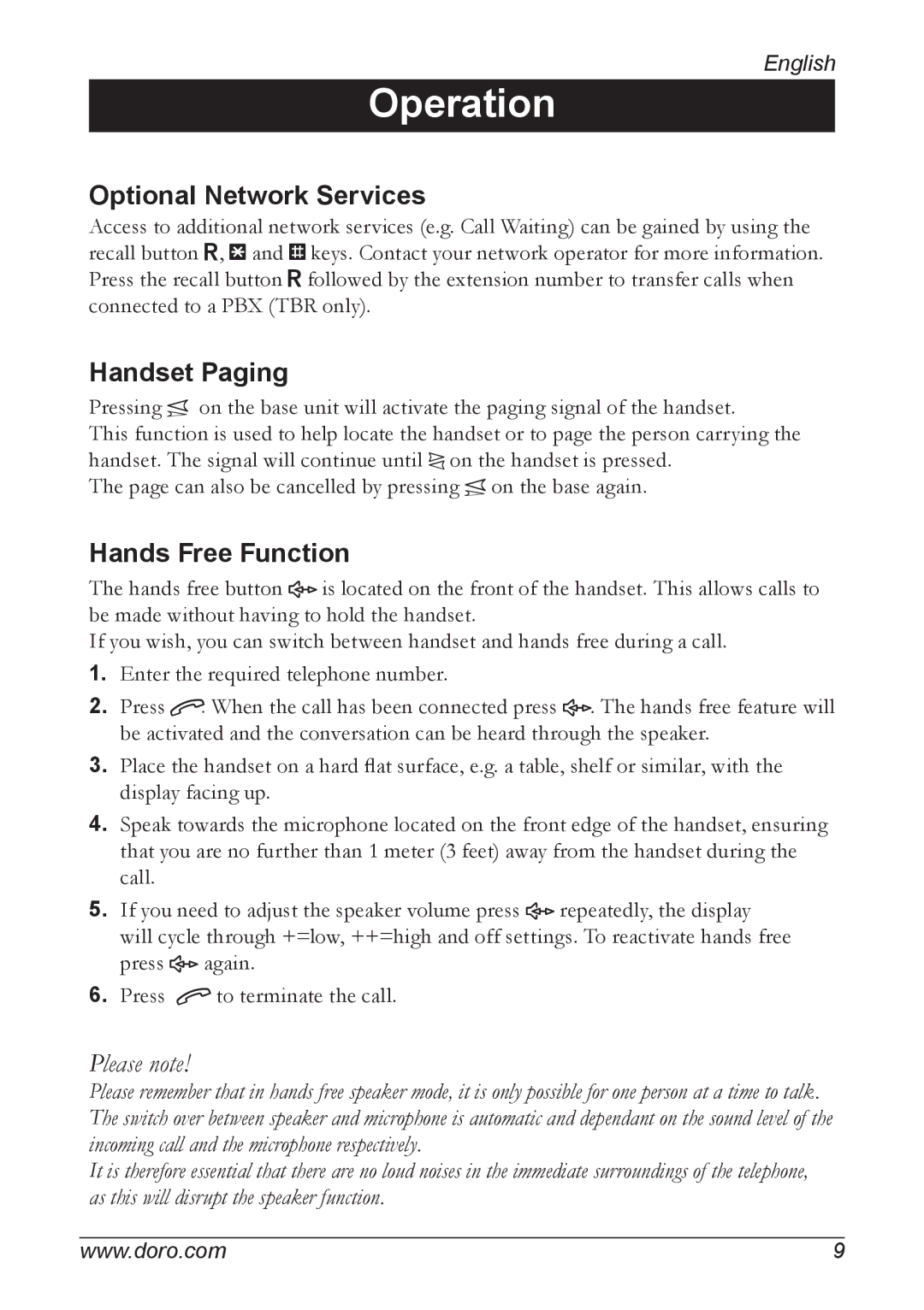 Doro 830R, 820 manual Optional Network Services, Handset Paging, Hands Free Function 