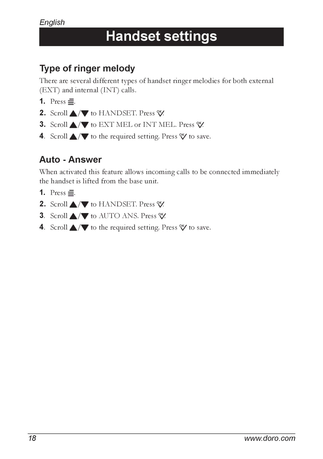 Doro 930R manual Type of ringer melody, Auto Answer 