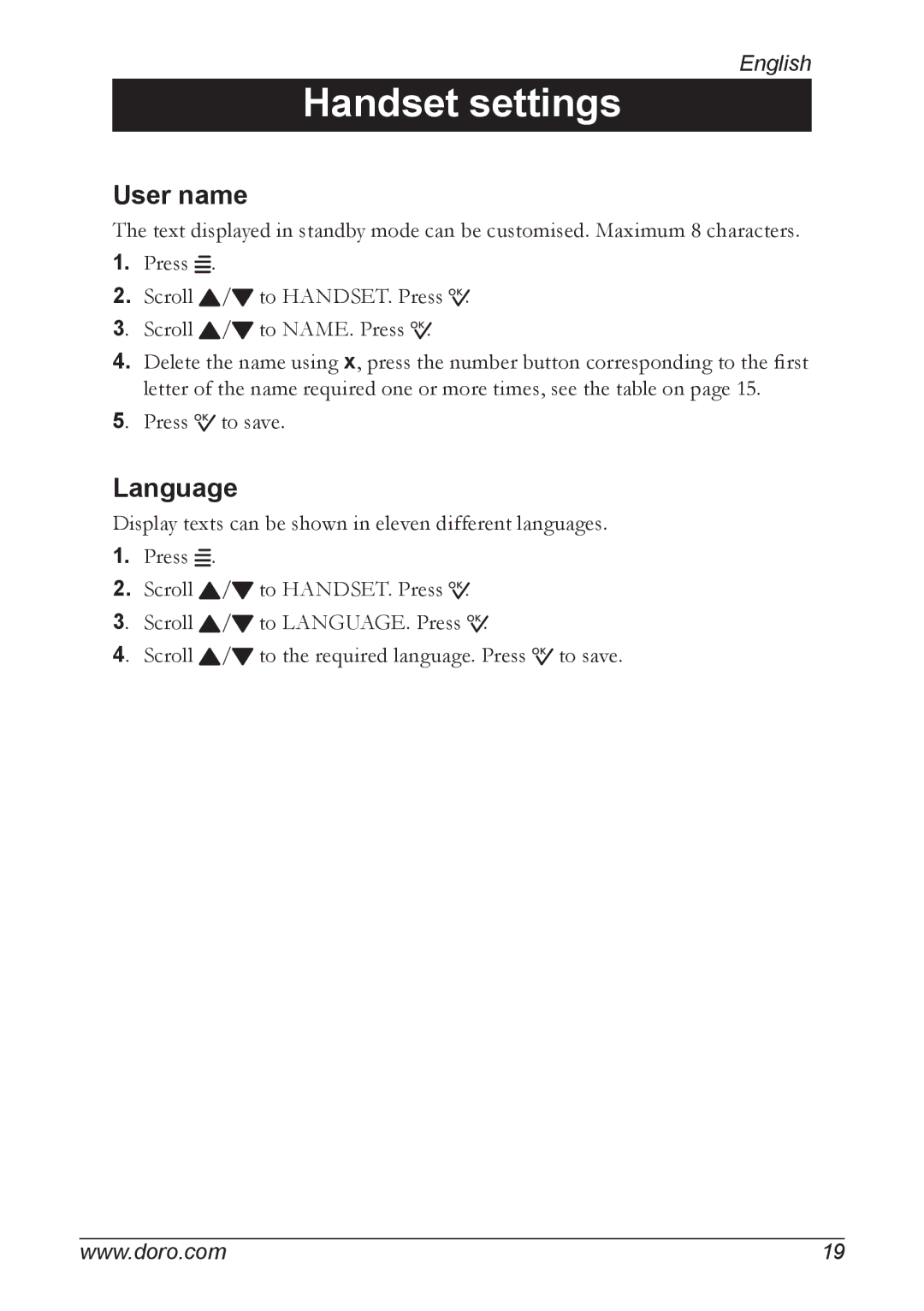 Doro 930R manual User name, Language 