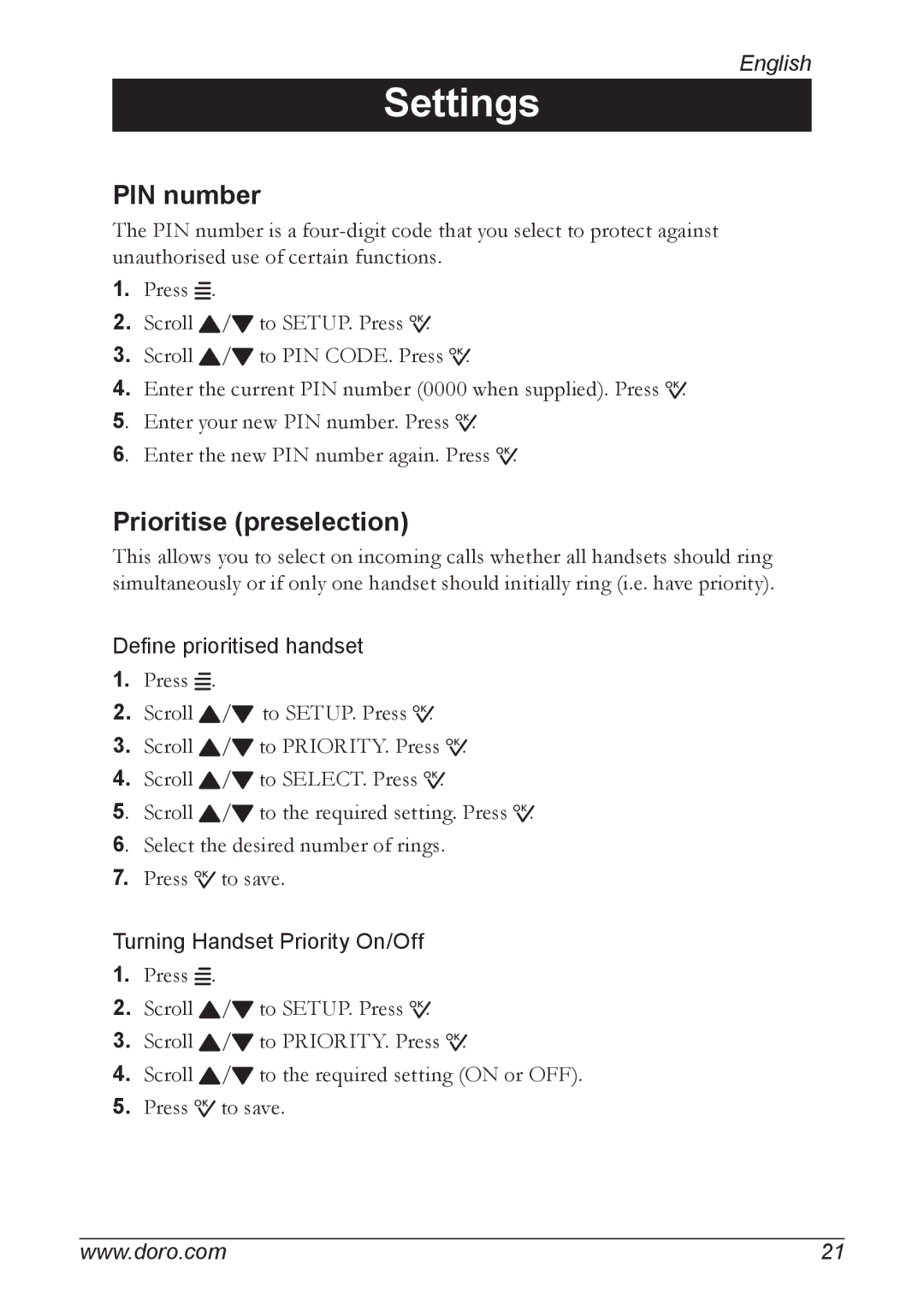 Doro 930R manual PIN number, Prioritise preselection 