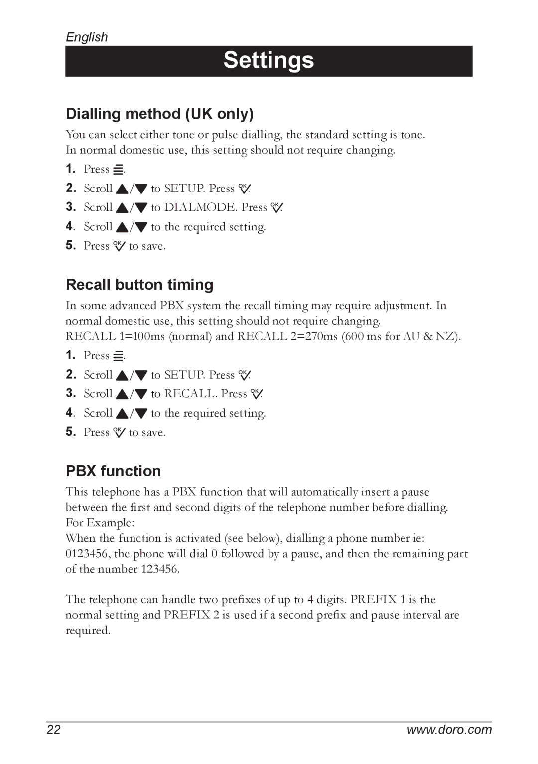 Doro 930R manual Dialling method UK only, Recall button timing, PBX function 