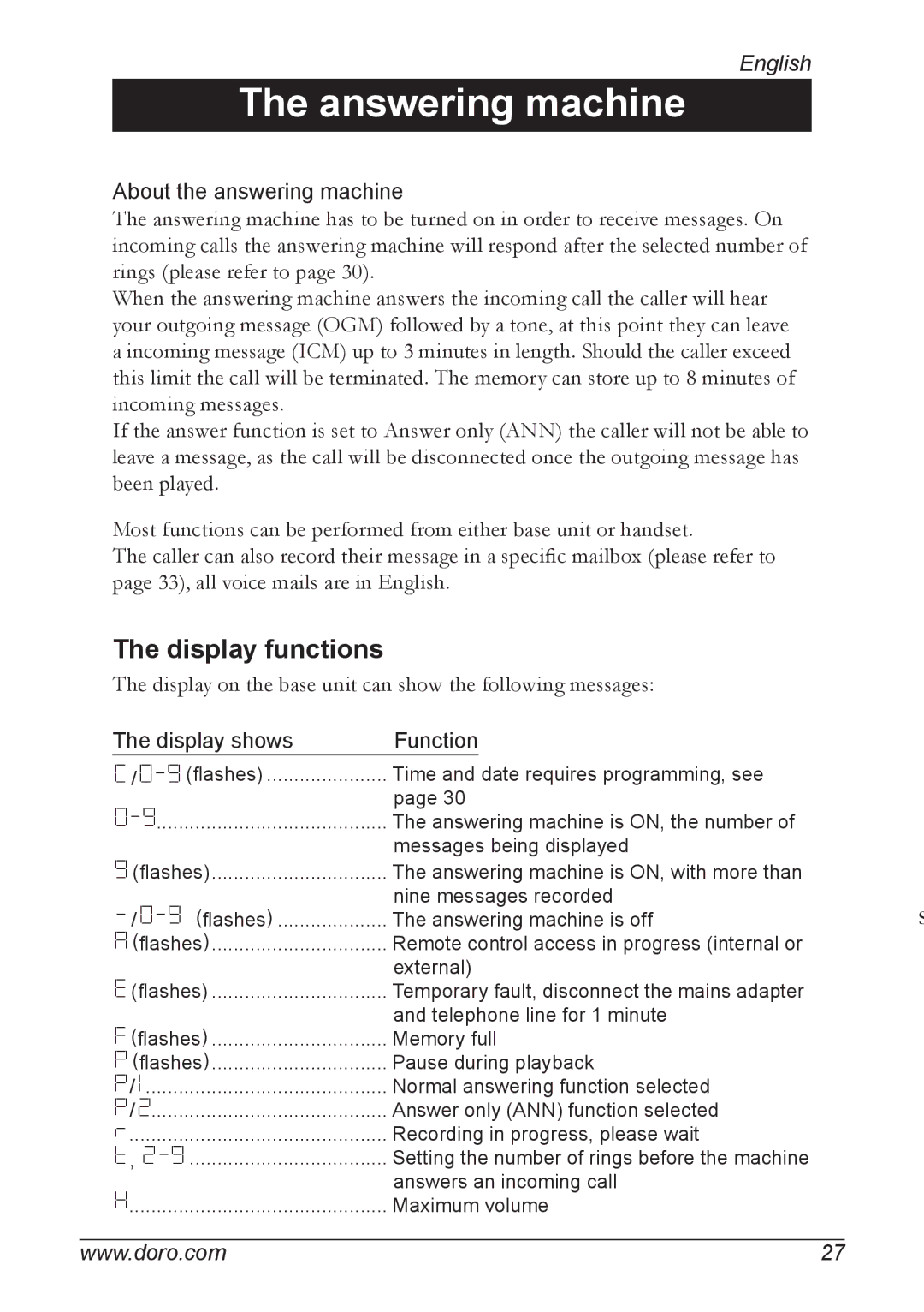 Doro 930R manual Answering machine, Display functions 