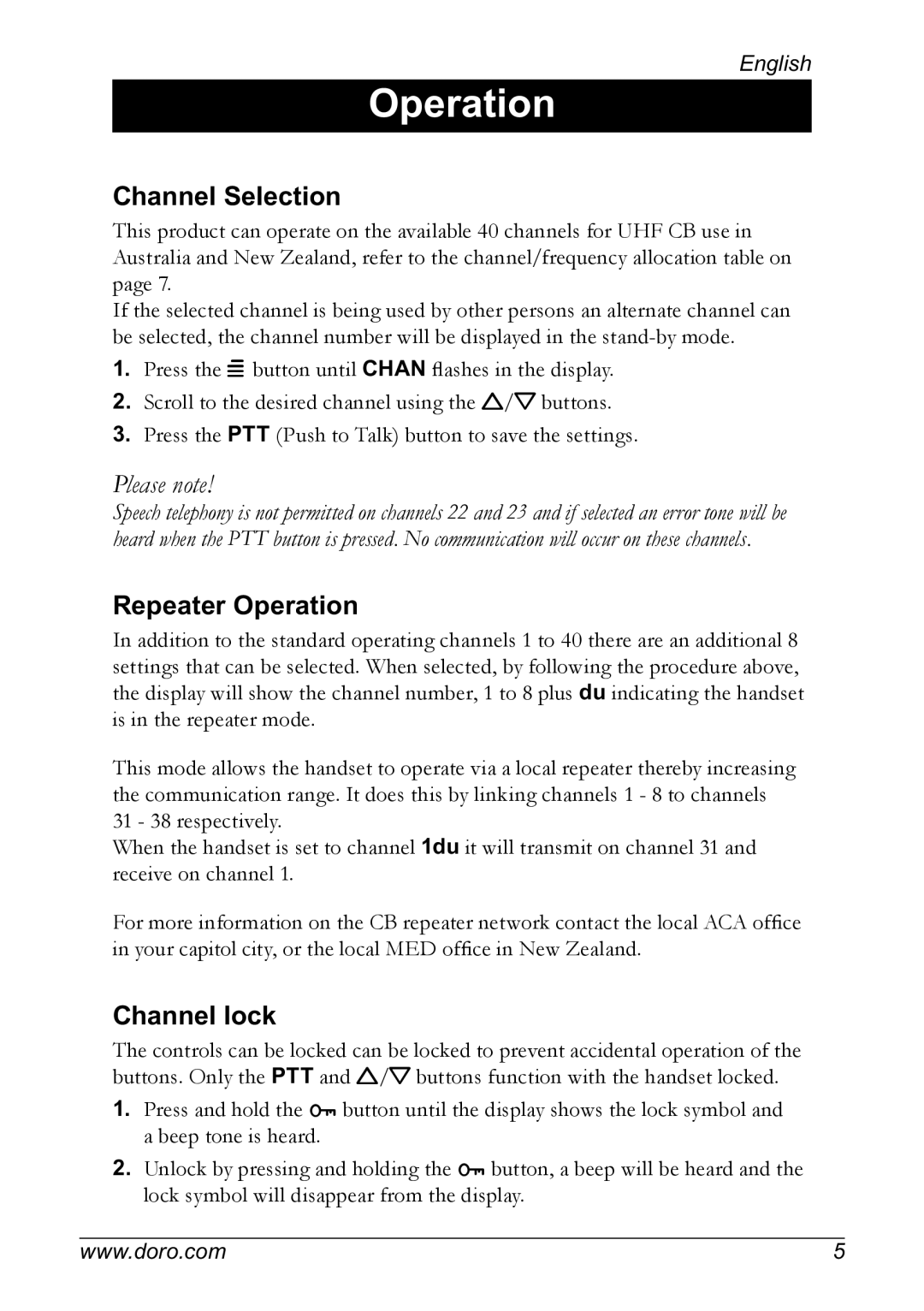 Doro PMR 510 manual Channel Selection, Repeater Operation, Channel lock 