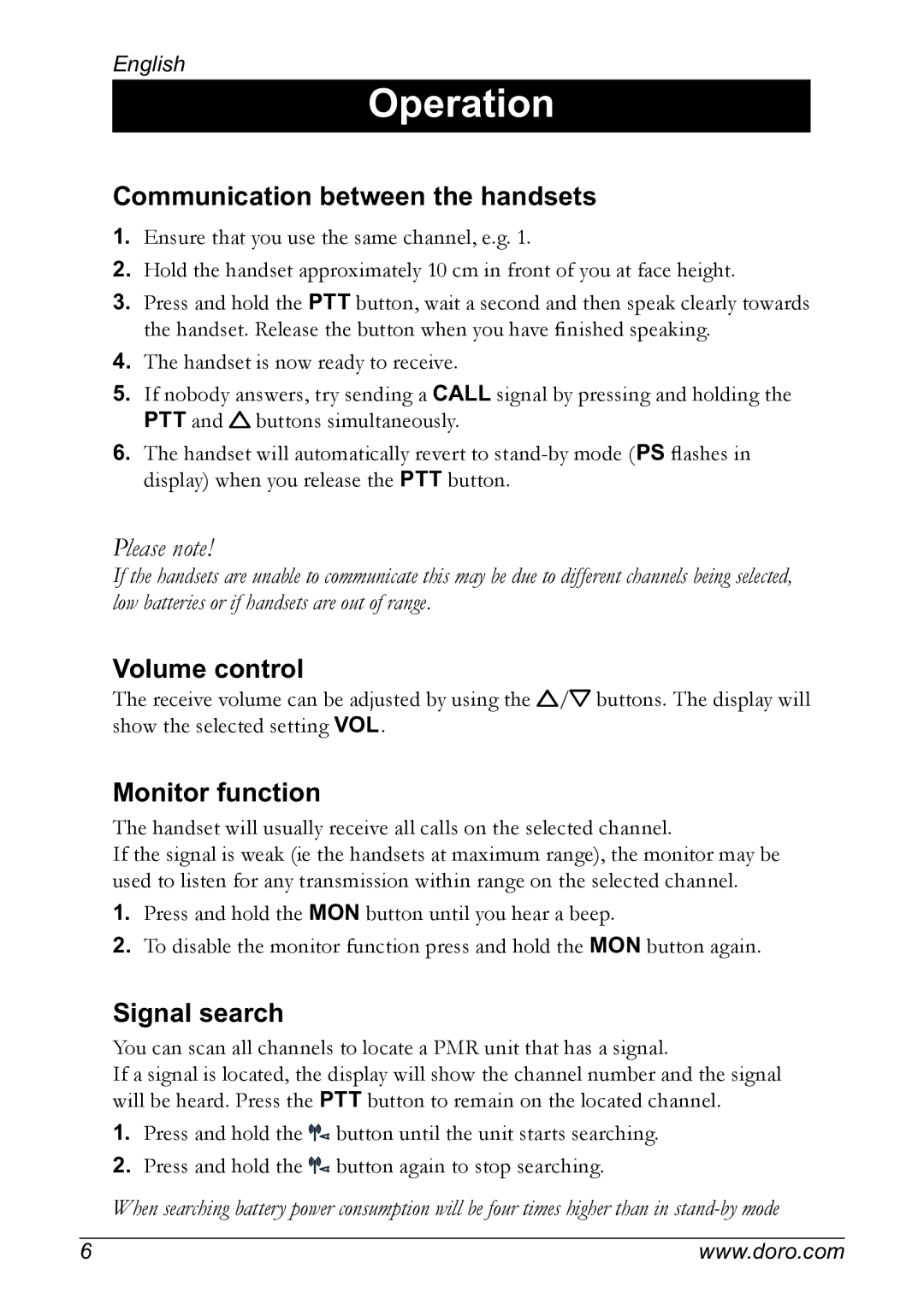 Doro PMR 510 manual Communication between the handsets, Volume control, Monitor function, Signal search 