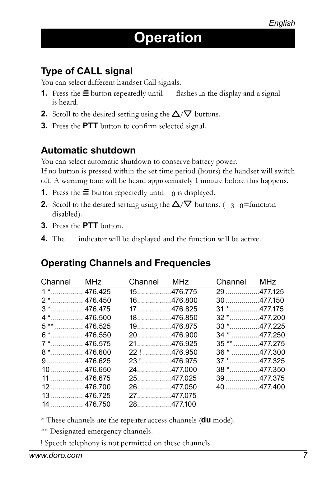 Doro PMR 510 manual Type of Call signal, Automatic shutdown, Operating Channels and Frequencies 