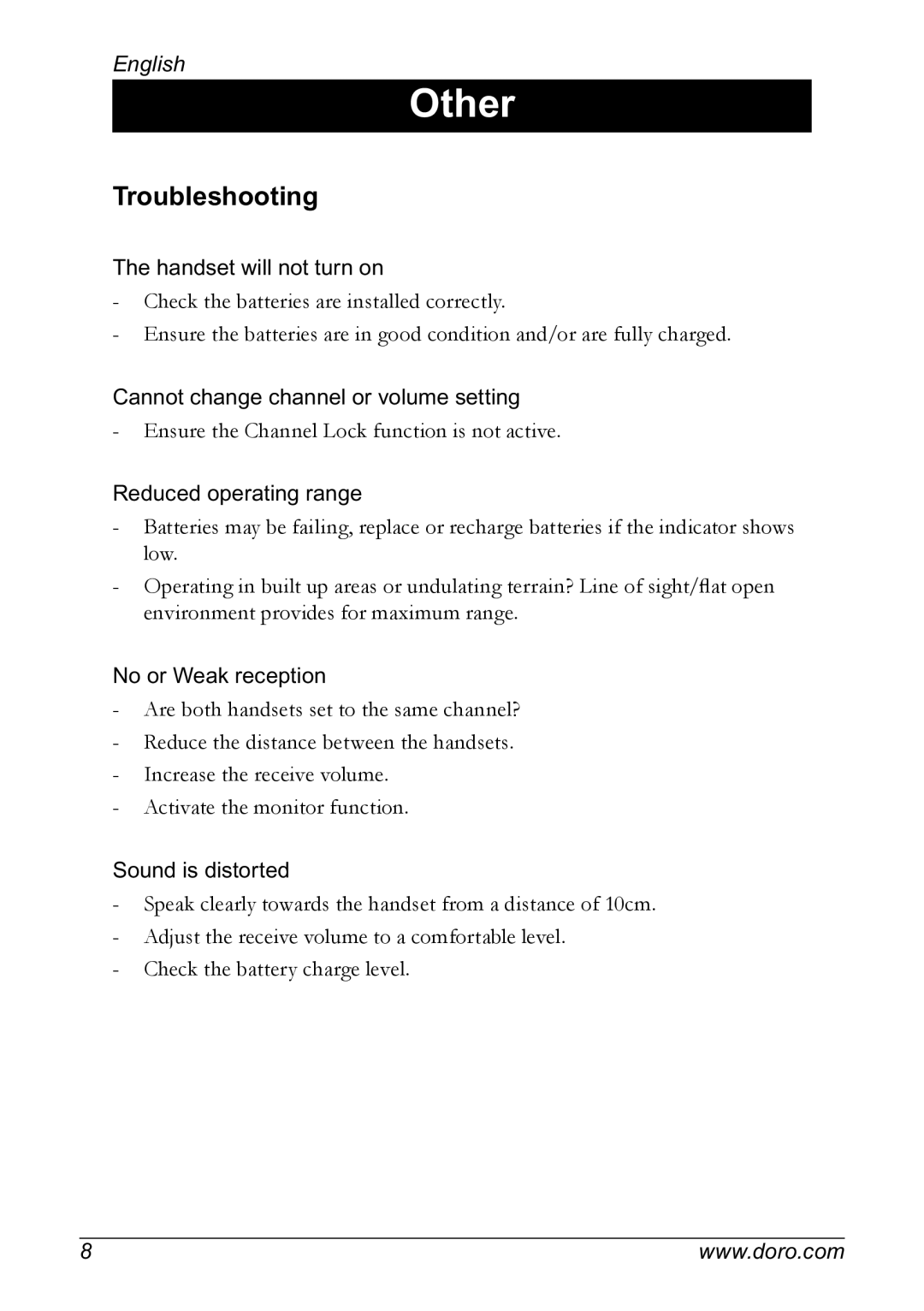 Doro PMR 510 manual Other, Troubleshooting 