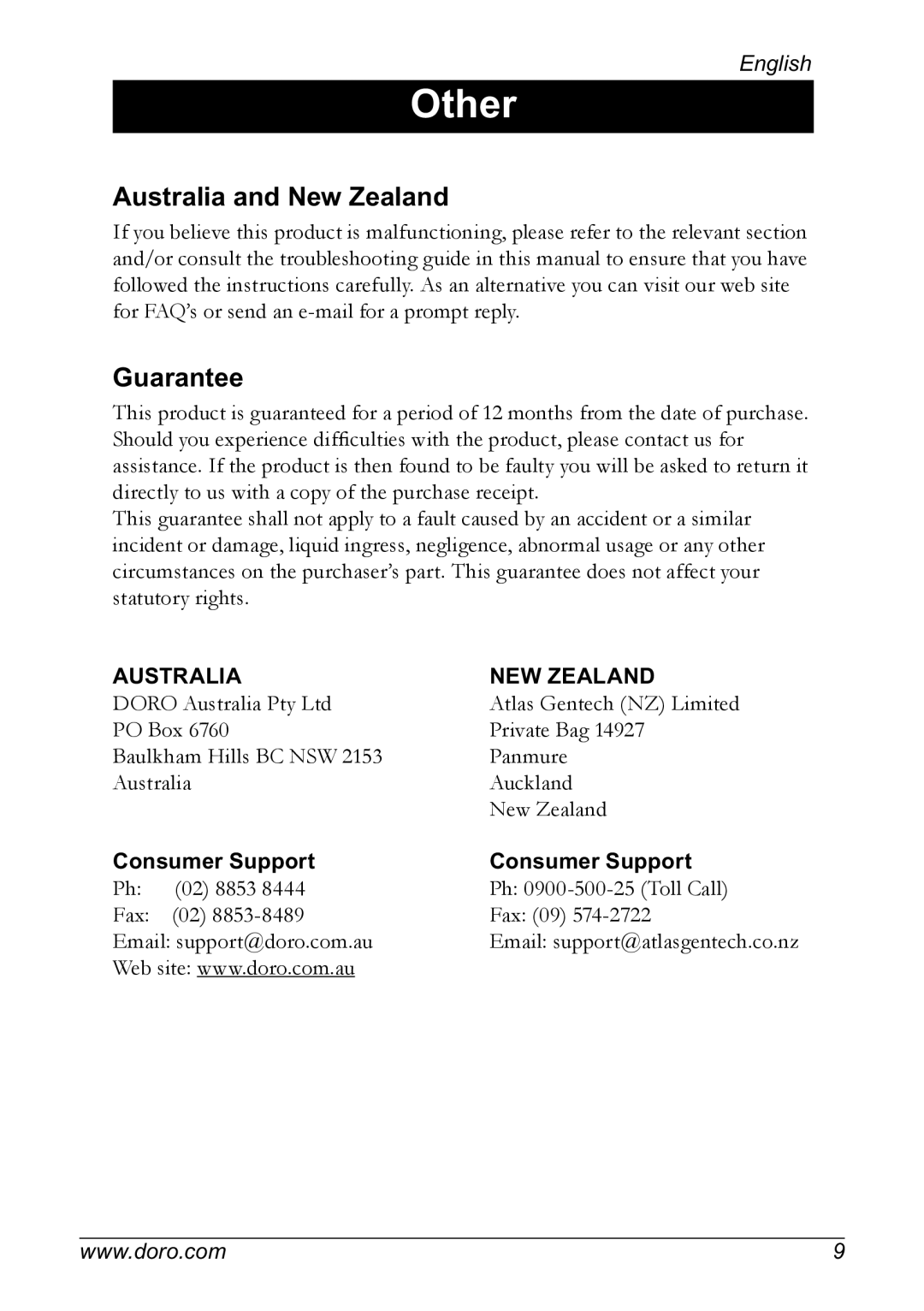 Doro PMR 510 manual Australia and New Zealand, Guarantee 