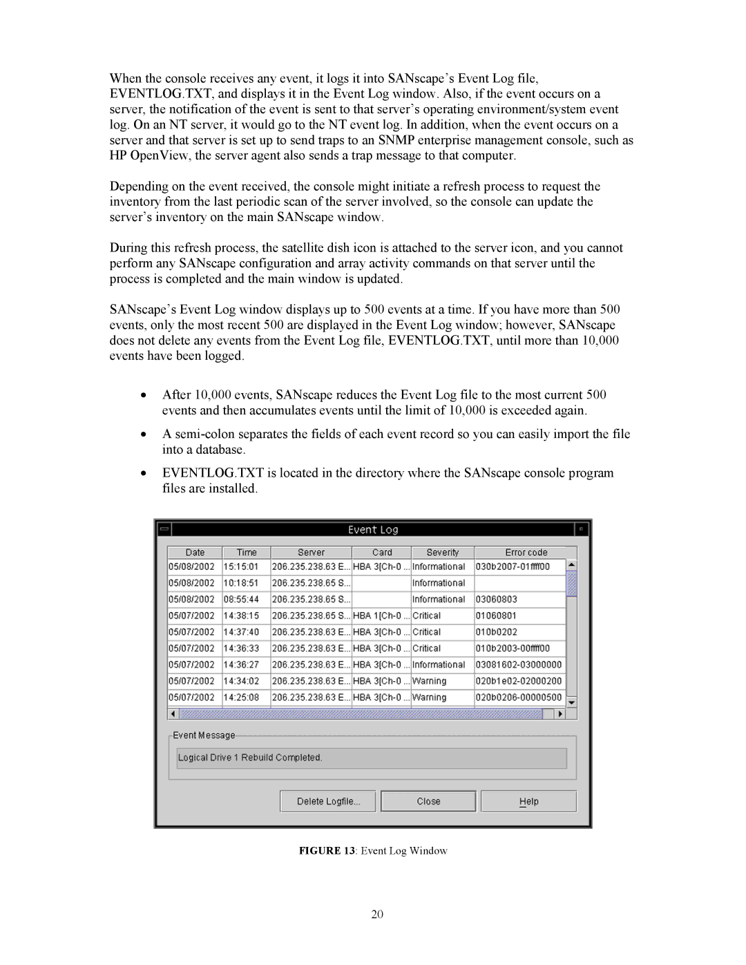 Dot Hill Systems 200 manual Event Log Window 