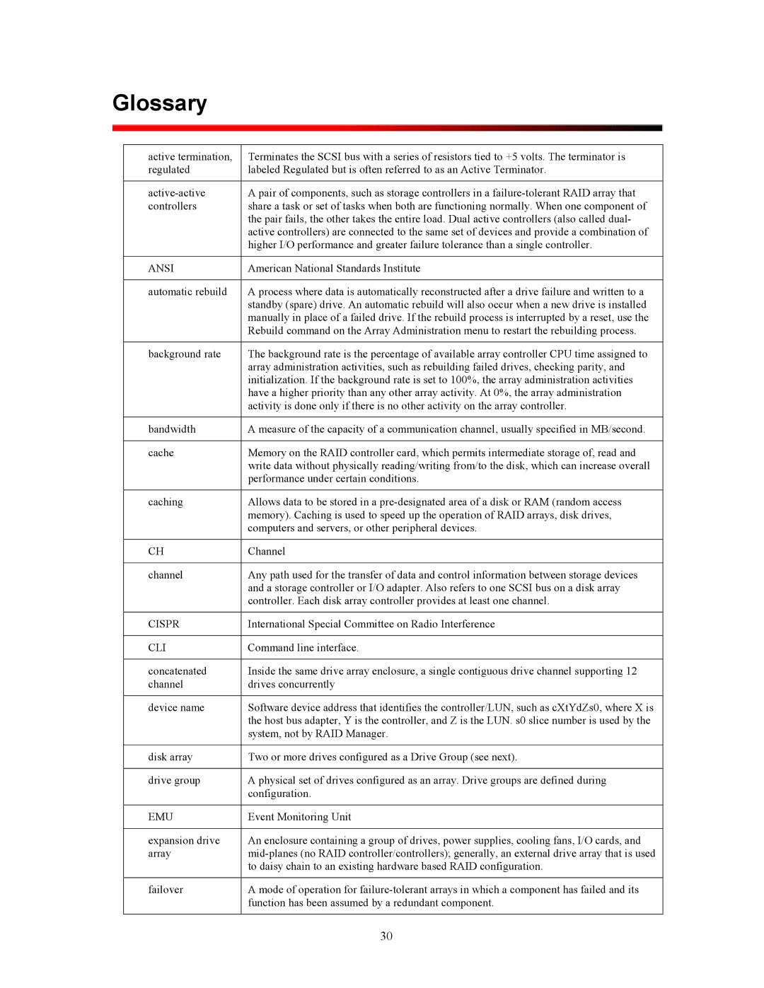 Dot Hill Systems 200 manual Glossary, Ansi, Cispr, Cli, Emu 