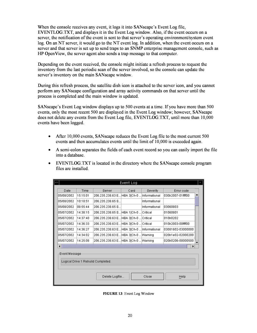 Dot Hill Systems 200 manual Event Log Window 