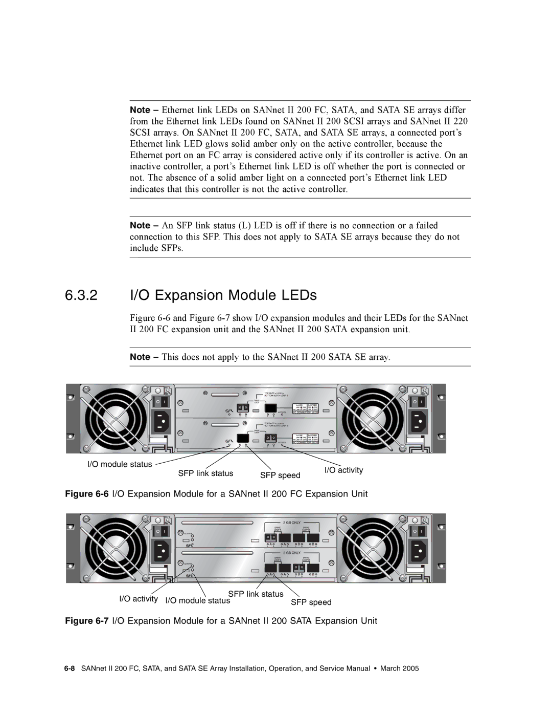 Dot Hill Systems service manual 2 I/O Expansion Module LEDs, 6I/O Expansion Module for a SANnet II 200 FC Expansion Unit 