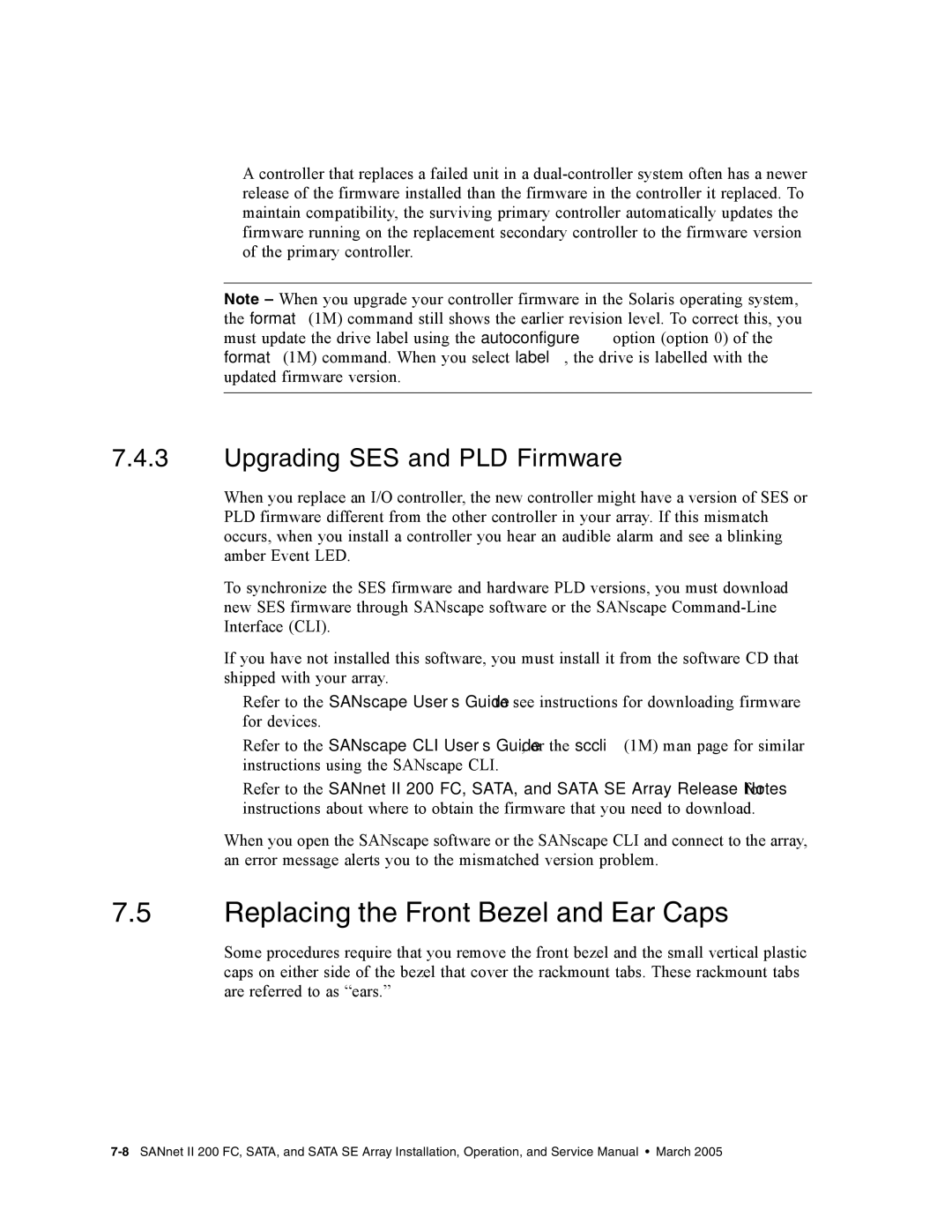 Dot Hill Systems II 200 FC service manual Replacing the Front Bezel and Ear Caps, Upgrading SES and PLD Firmware 