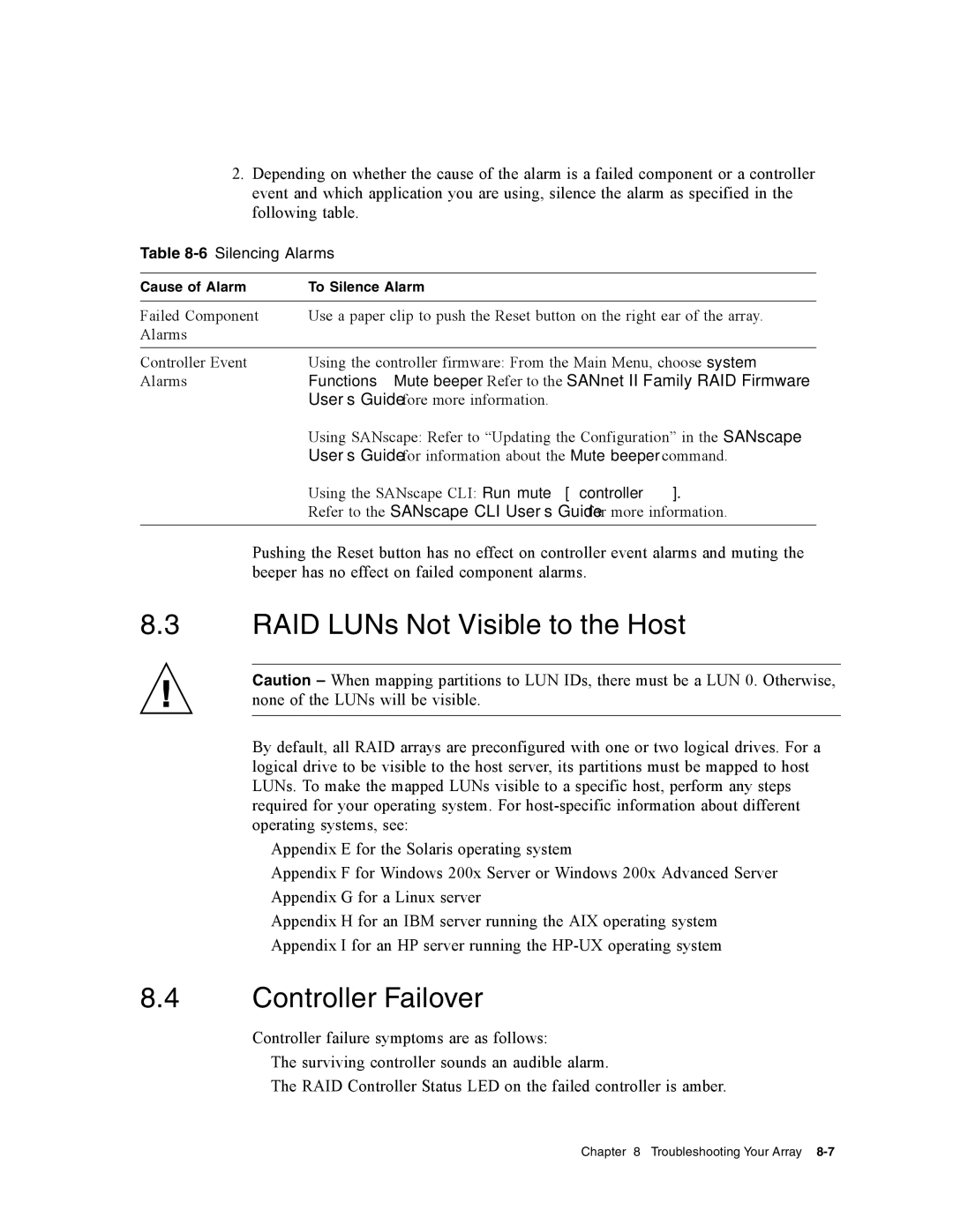 Dot Hill Systems II 200 FC service manual RAID LUNs Not Visible to the Host, Controller Failover, 6Silencing Alarms 