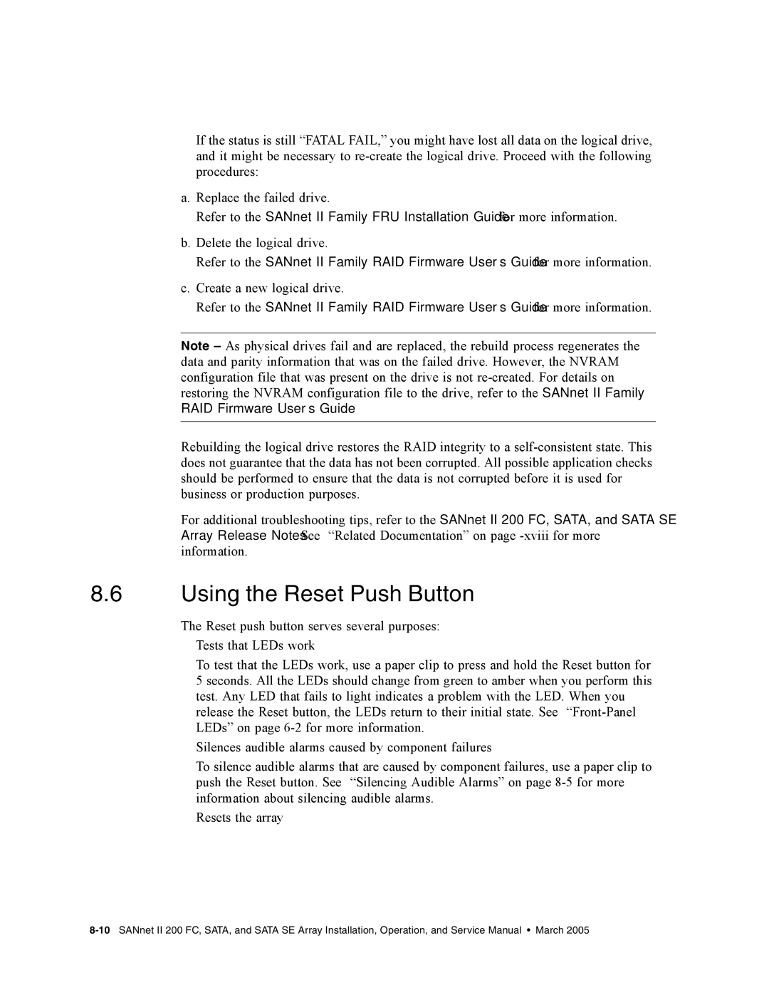 Dot Hill Systems II 200 FC service manual Using the Reset Push Button 