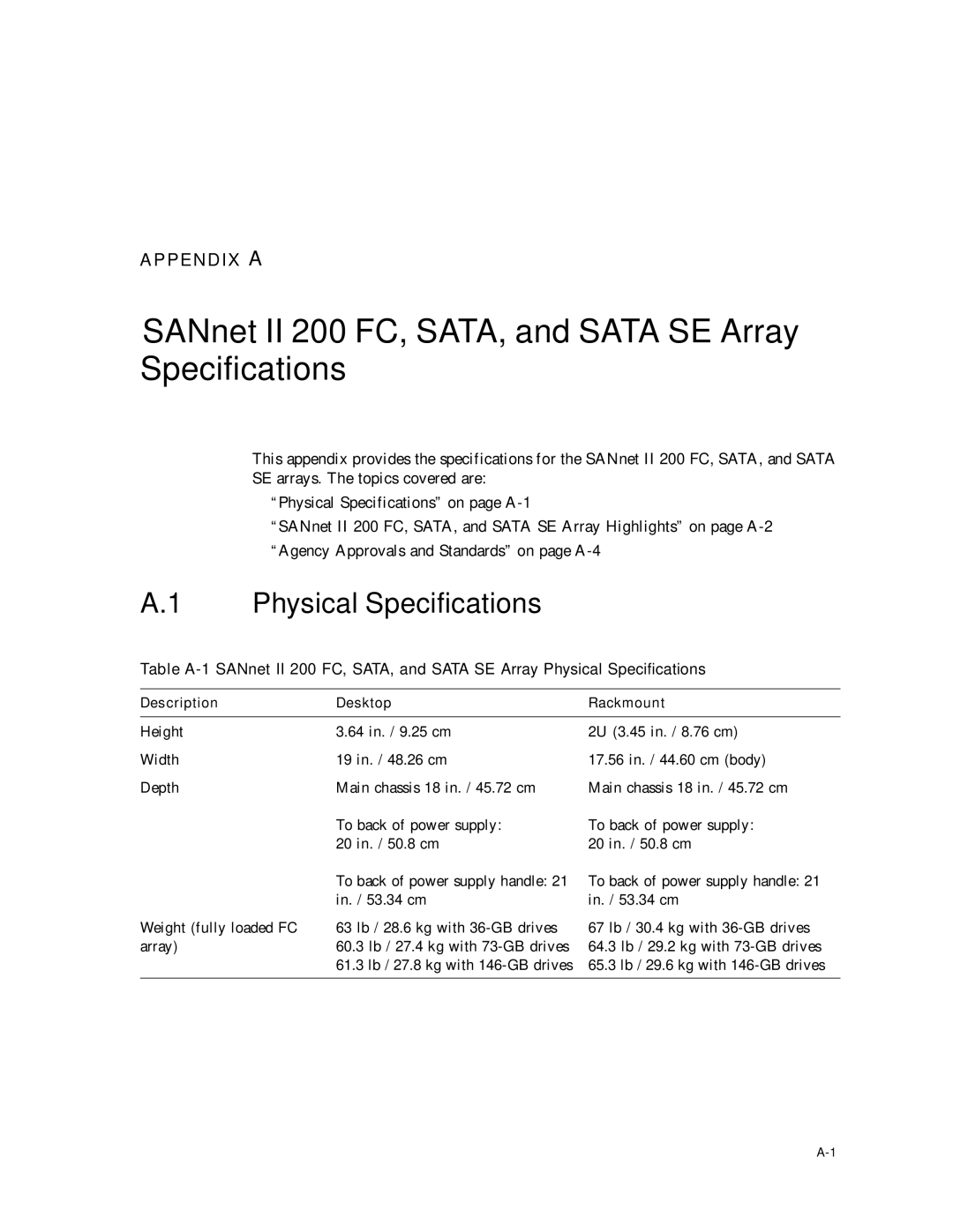 Dot Hill Systems service manual SANnet II 200 FC, SATA, and Sata SE Array Specifications, Physical Specifications 