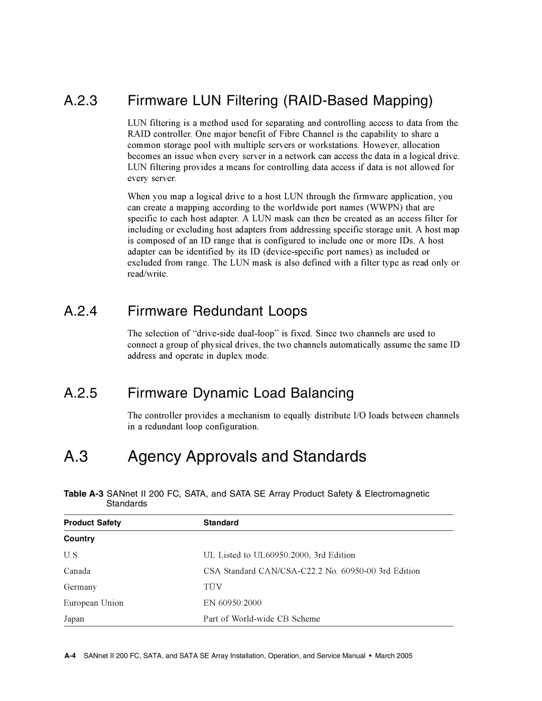 Dot Hill Systems II 200 FC service manual Agency Approvals and Standards, Firmware LUN Filtering RAID-Based Mapping 