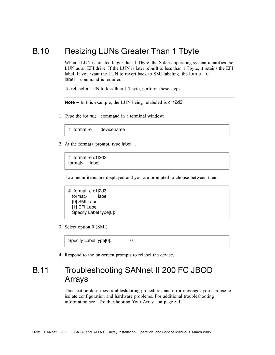 Dot Hill Systems service manual Resizing LUNs Greater Than 1 Tbyte, Troubleshooting SANnet II 200 FC Jbod Arrays 