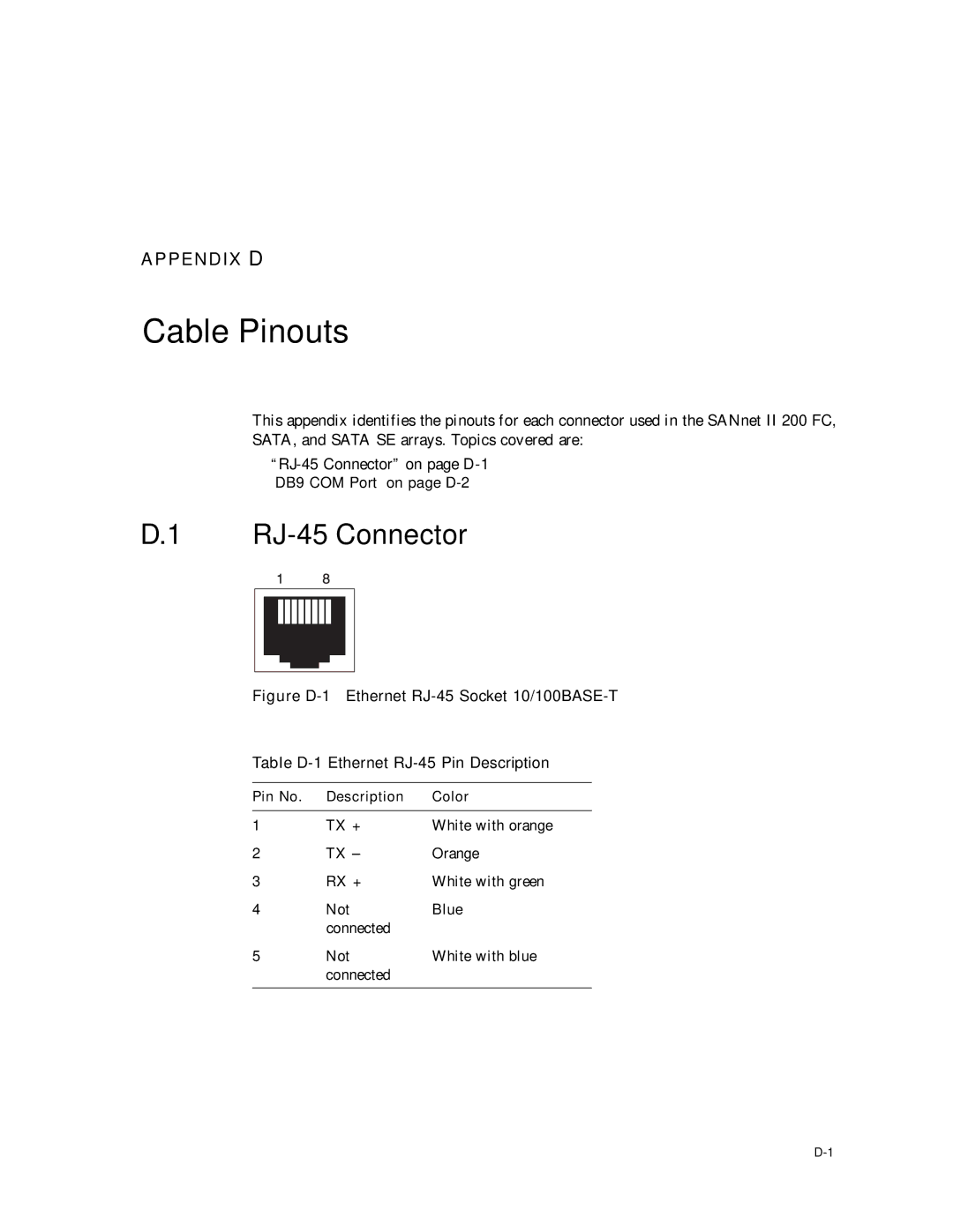 Dot Hill Systems II 200 FC service manual Cable Pinouts, RJ-45 Connector 