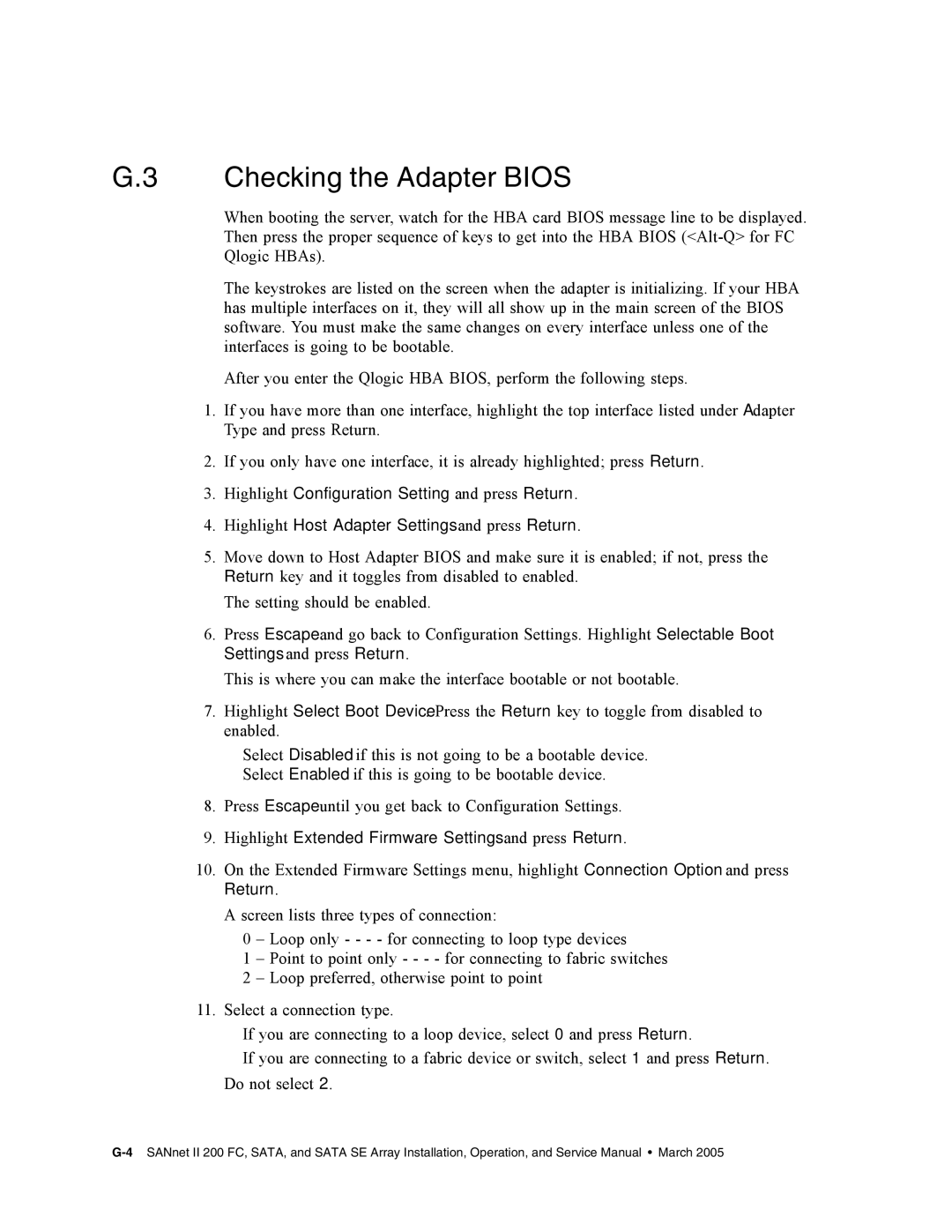 Dot Hill Systems II 200 FC service manual Checking the Adapter Bios, Highlight Extended Firmware Settings and press Return 