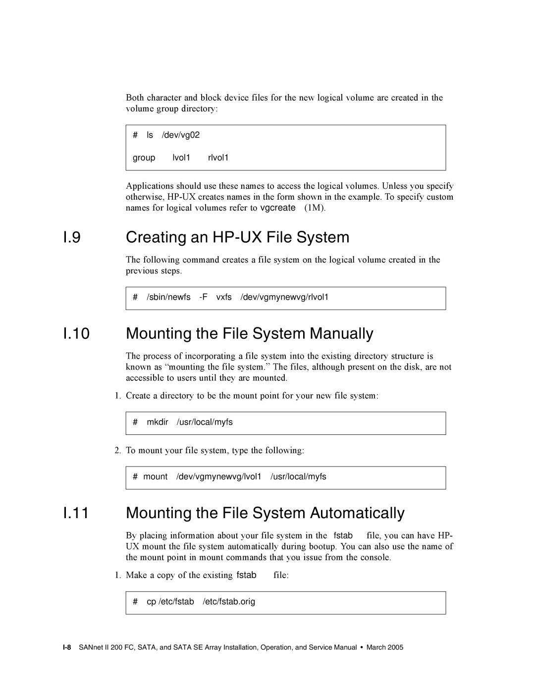 Dot Hill Systems II 200 FC service manual Creating an HP-UX File System, Mounting the File System Manually 