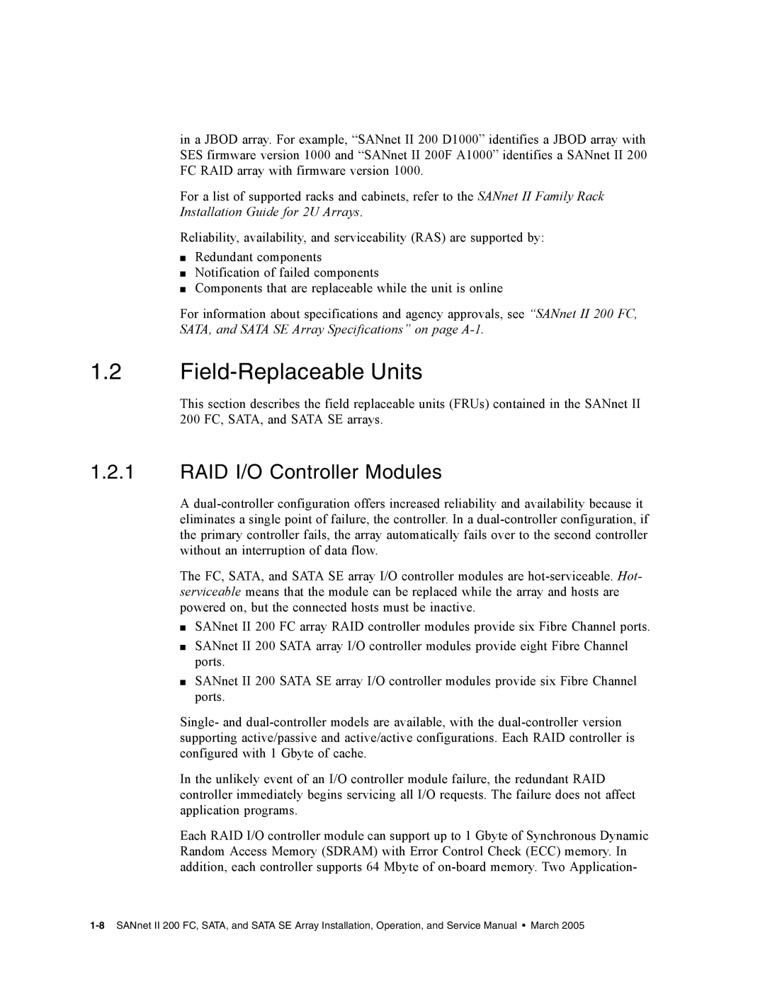 Dot Hill Systems II 200 FC service manual Field-Replaceable Units, RAID I/O Controller Modules 